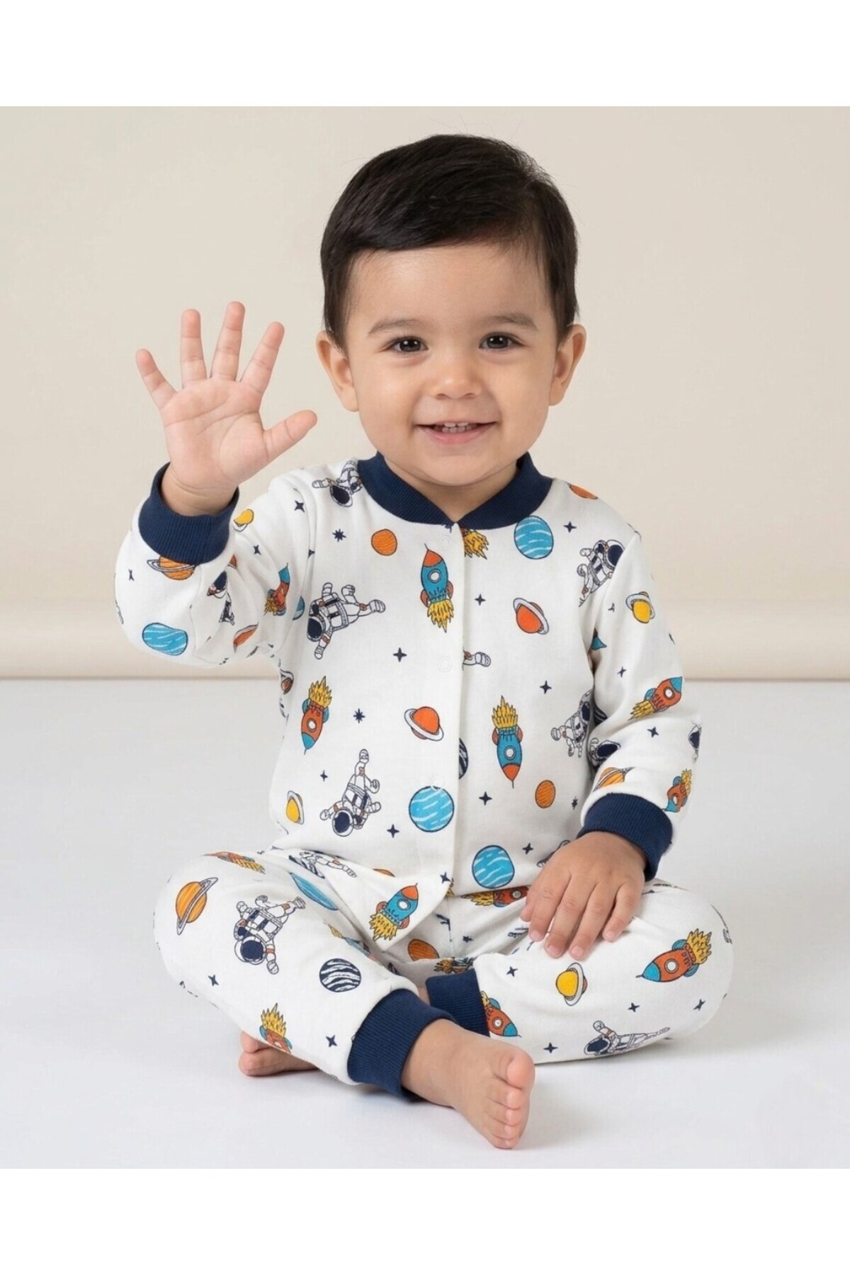 Ege Bebek Erkek Çocuk Çıtçıtlı Astronot Baskılı 0-6 Yaş %100 Pamuklu Mevsimlik Gecelik Pijama Takımı fotoğrafı 2 (önizleme)