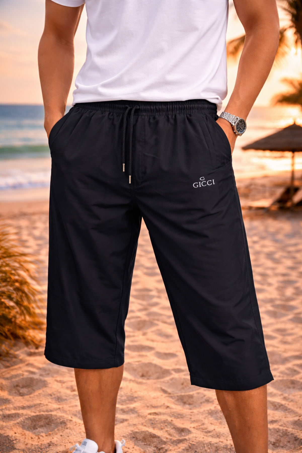 İYİBU Men's Below Knee Long Swim Shorts Plus Size M-7Xl Parachute Fabric Water Repellent Black