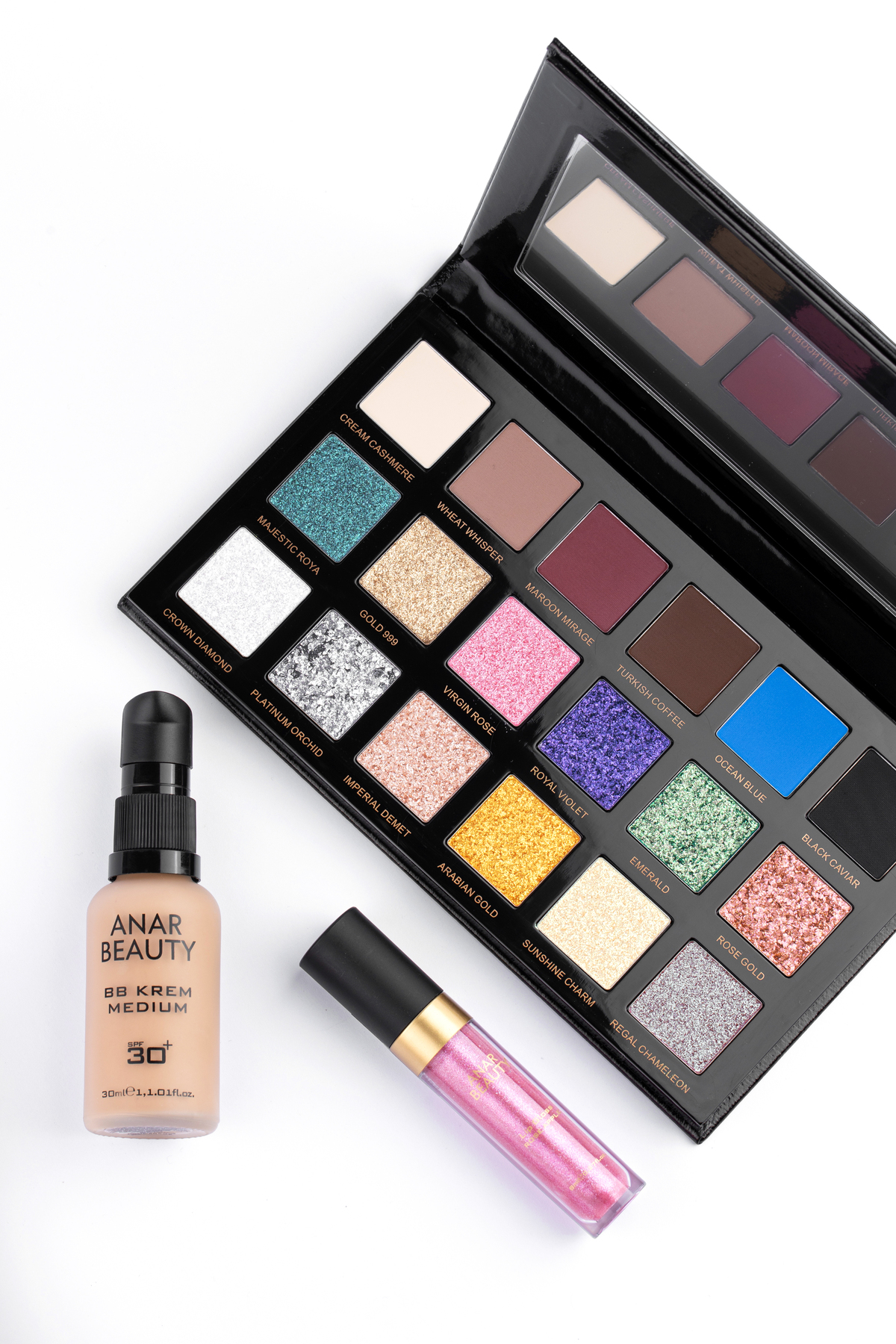 18 Renkli Far Paleti+BB Krem (Medium)+Lip Oil Gloss (RoseApple)+3'lü SET — ANR0000010ANR0000002ANR0000005