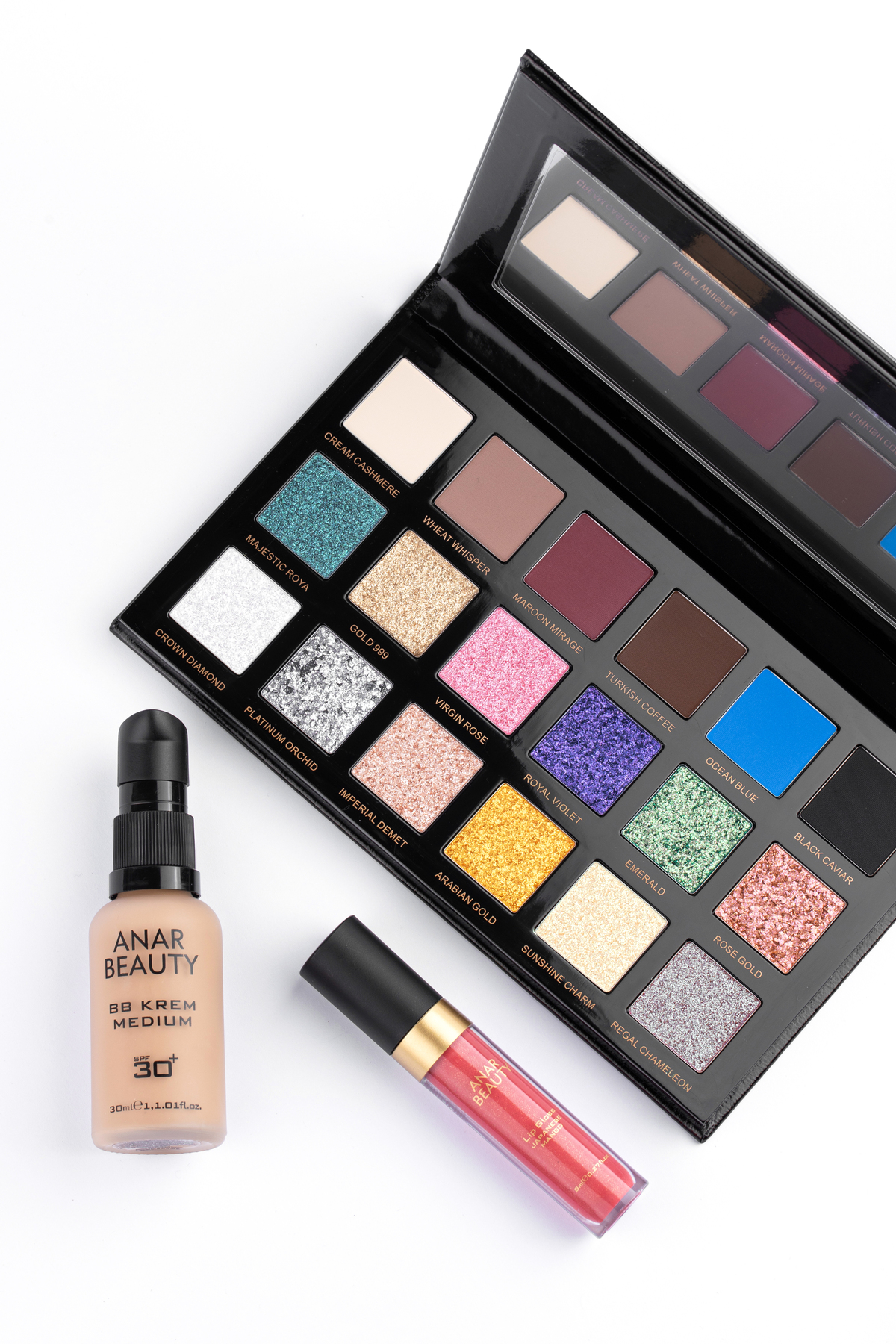 18 Renkli Far Paleti+BB Krem (Medium)+Lip Oil Gloss (Japanese Mango) 3'lü SET — ANR0000010ANR0000002ANR0000009