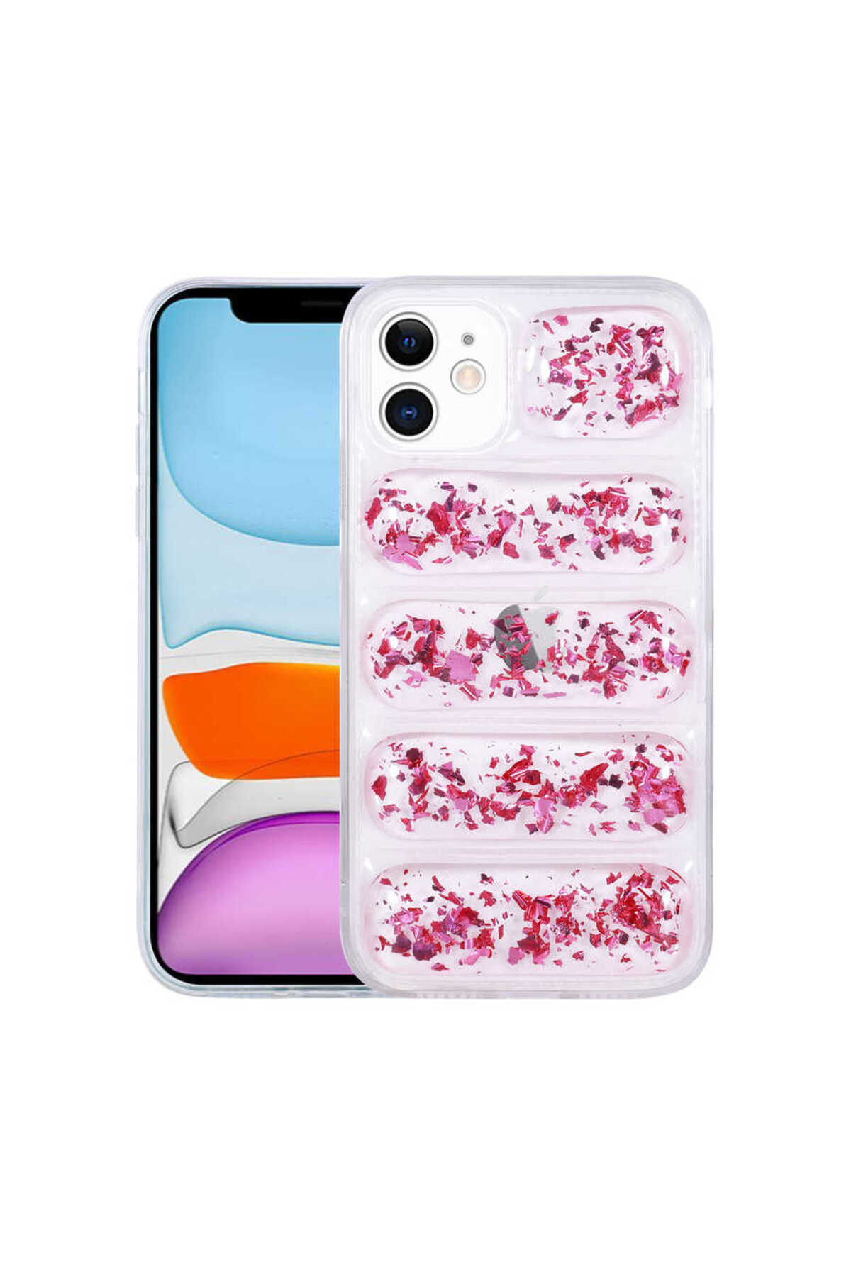 iPhone 11 Uyumlu Kamera Korumalı Simli AiHTTg'li ELDP Dalga Kılıf-Pembe Koyu