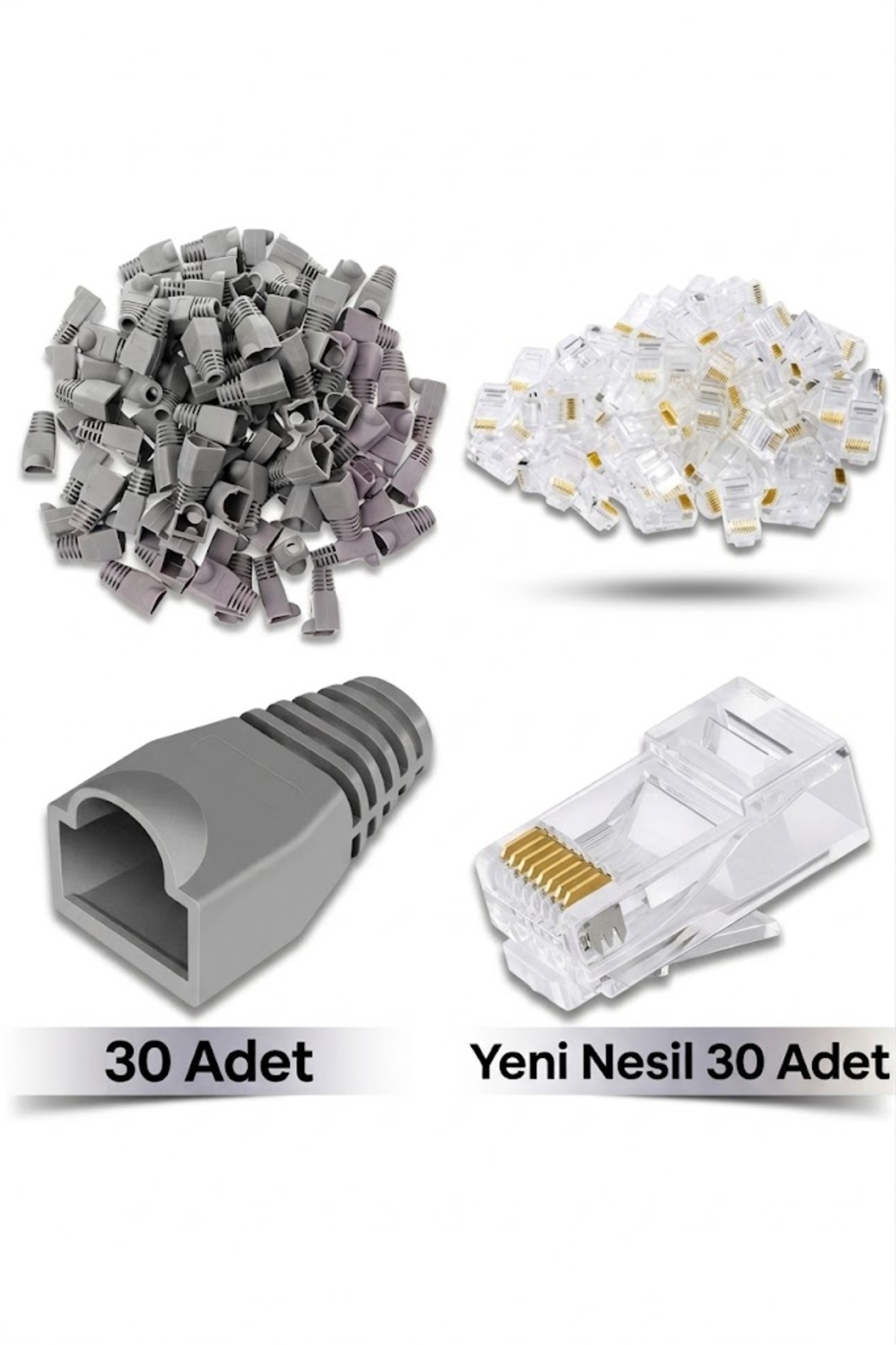 30 Adet Yeni Nesil Rj45 8P8C - 30 Adet Gri Cover Set RJ45 2in1 Cover Jak Set