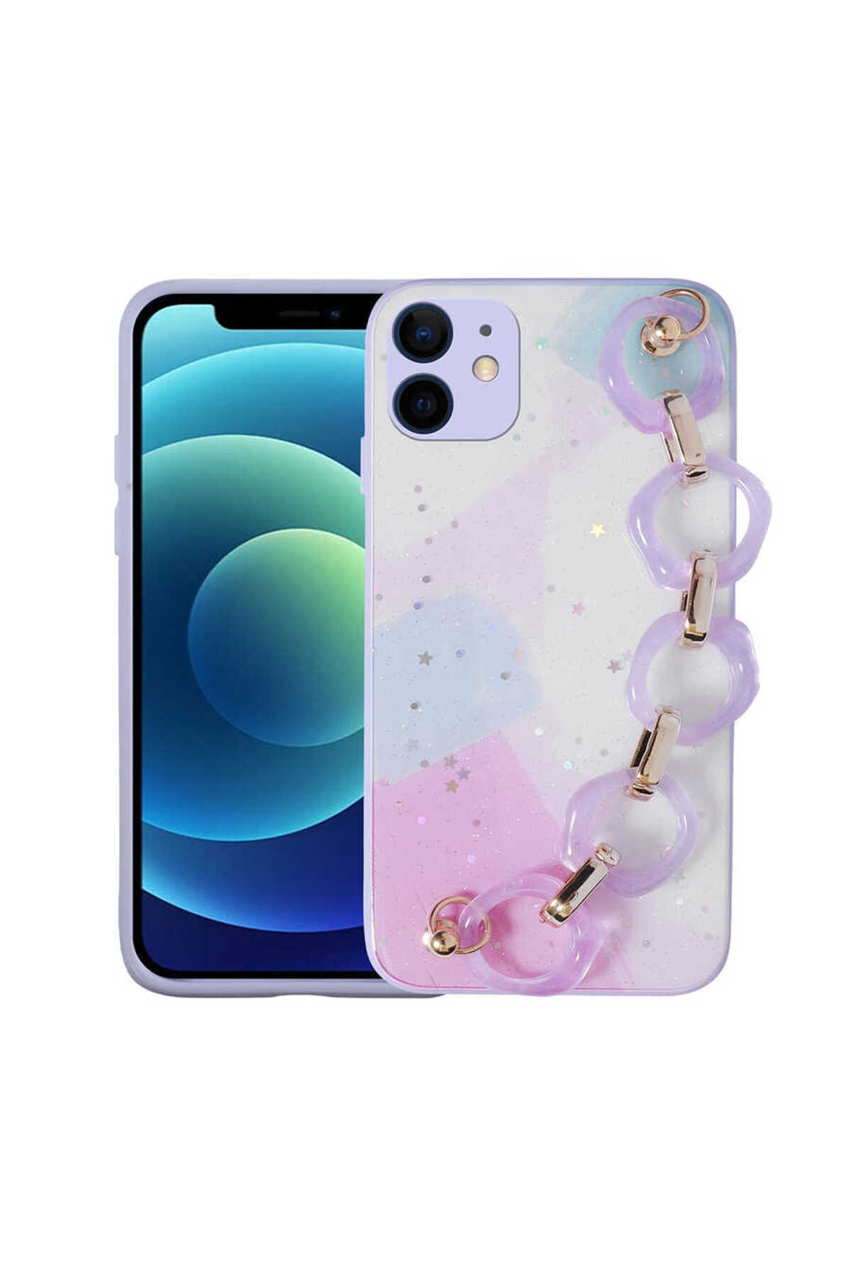 iPhone 11 Uyumlu Simli Desenli El Askılı Tutacaklı ELDP Elsa Silikon Kılıf-Lila