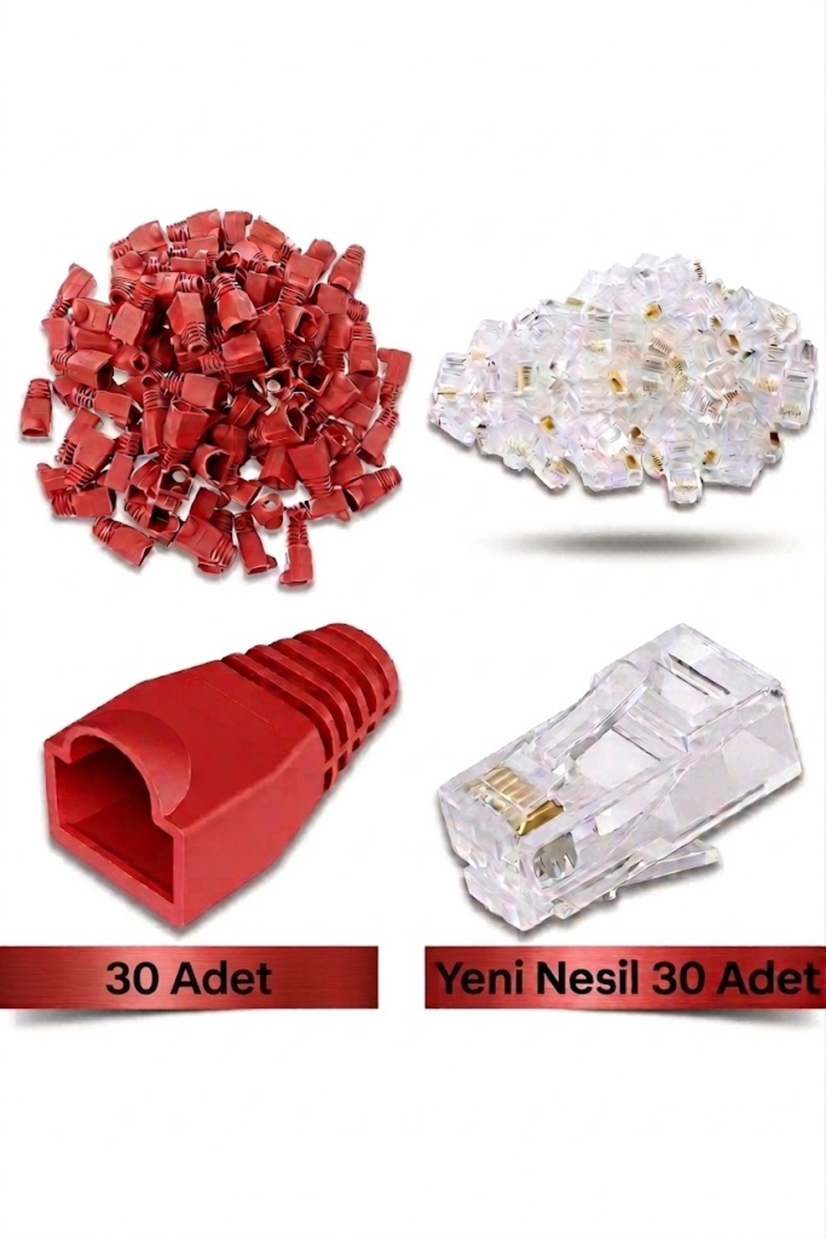 30 Adet Yeni Nesil Rj45 8P8C - 30 Adet Kırmızı Cover Set RJ45 2in1 Cover Jak Set