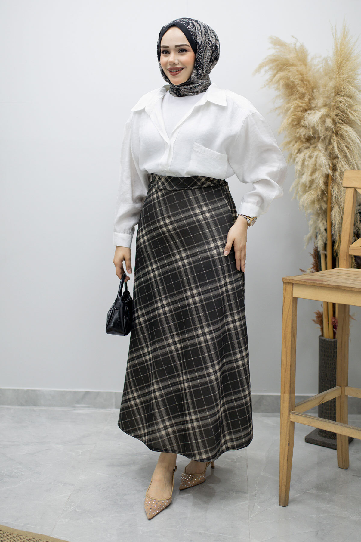 Tesettür Dünyası Checkered Skirt with Elastic Waist Tsd260168