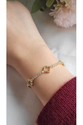 ilvesa shop Altın renk zirkon taşlı yonca detaylı bileklik