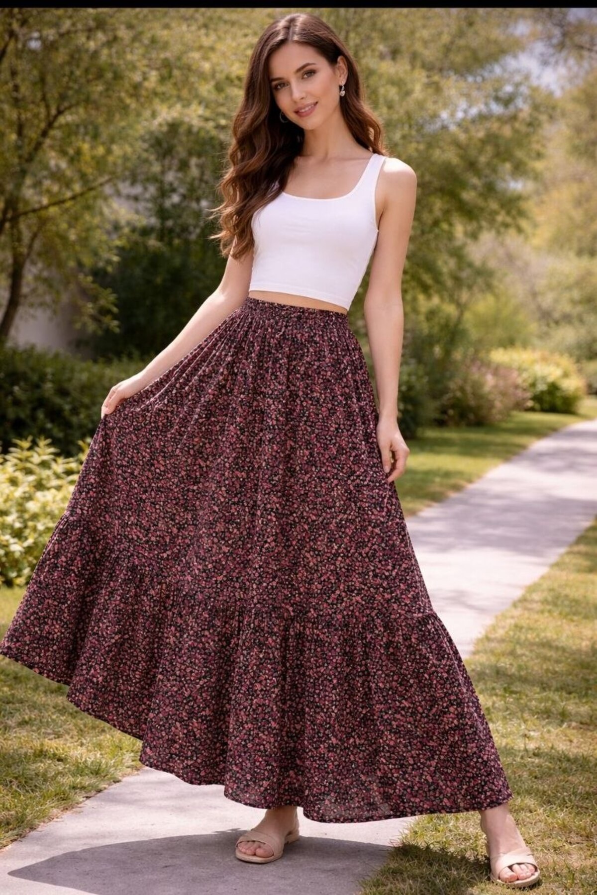 inci wears  Çıtır Çiçekli Bordo Viskon Etek