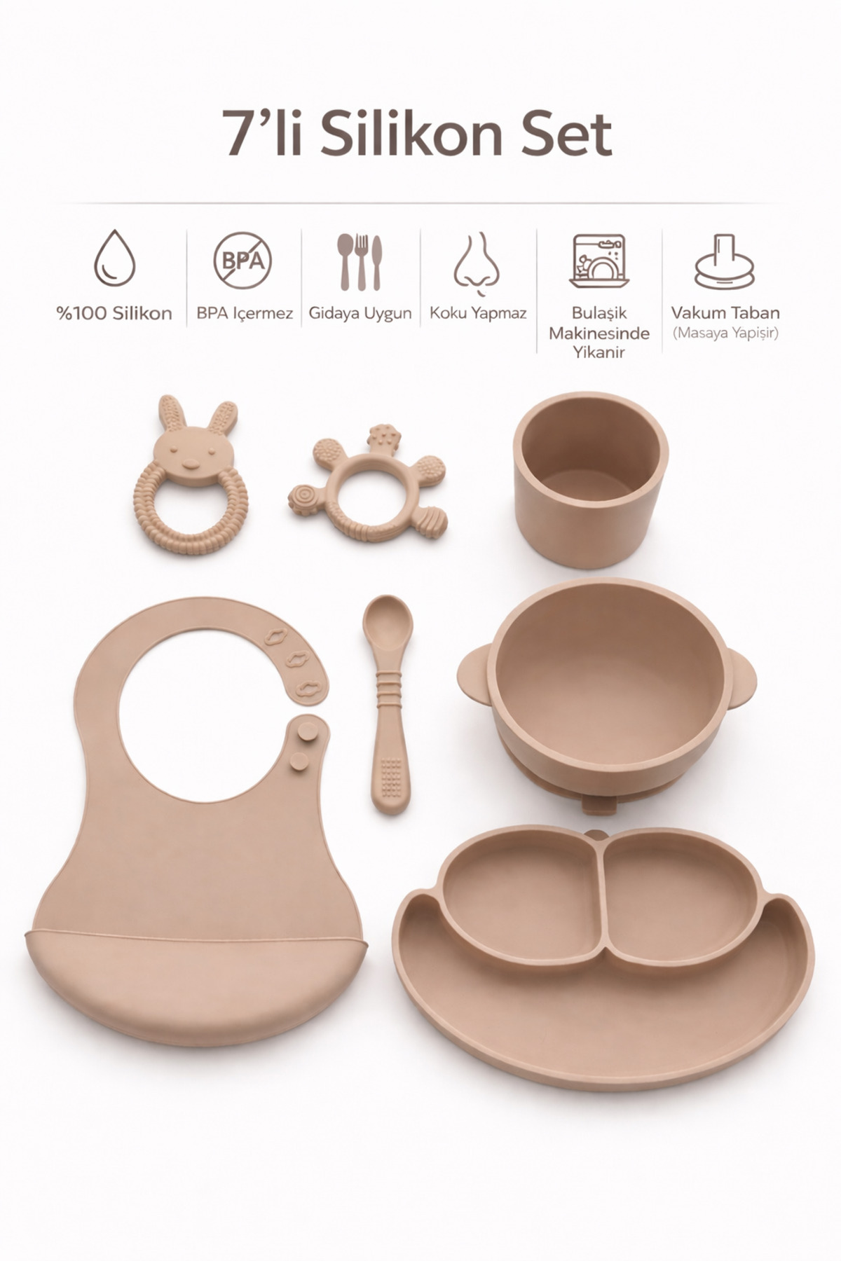 evolis kitchen 7'Li Bebek Beslenme Seti Vakumlu Silikon-Mama Tabağı-Mama Kasesi-Bardağı Kaşık-Önlük Diş Kaşıyıcısı fotoğrafı 4 (önizleme)