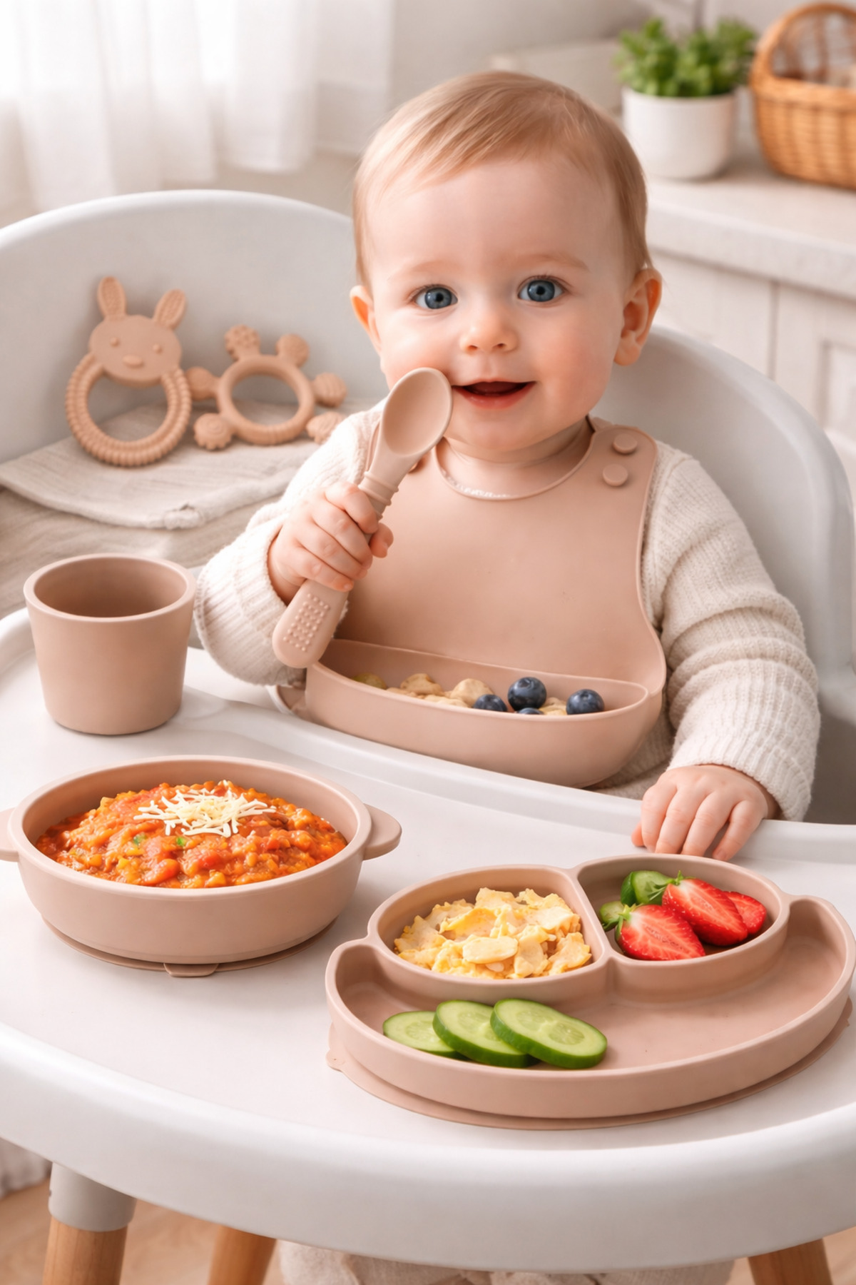evolis kitchen 7'Li Bebek Beslenme Seti Vakumlu Silikon-Mama Tabağı-Mama Kasesi-Bardağı Kaşık-Önlük Diş Kaşıyıcısı fotoğrafı 3 (önizleme)