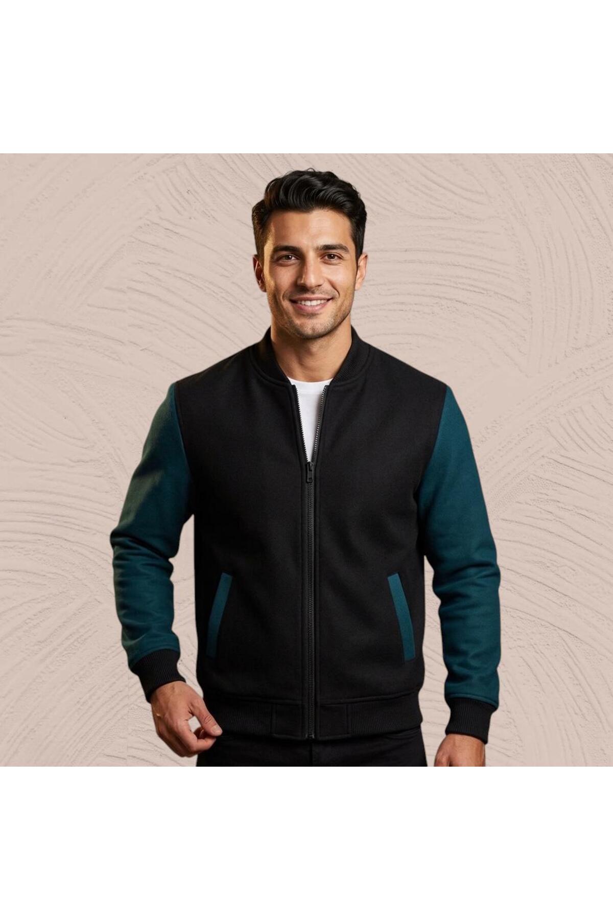 HerTarzınTrendi 3 İplik Premium Yeni Sezon Basic Unisex Kolej Ceket - Baskısız, Kolları Renkli Sade Görünüm