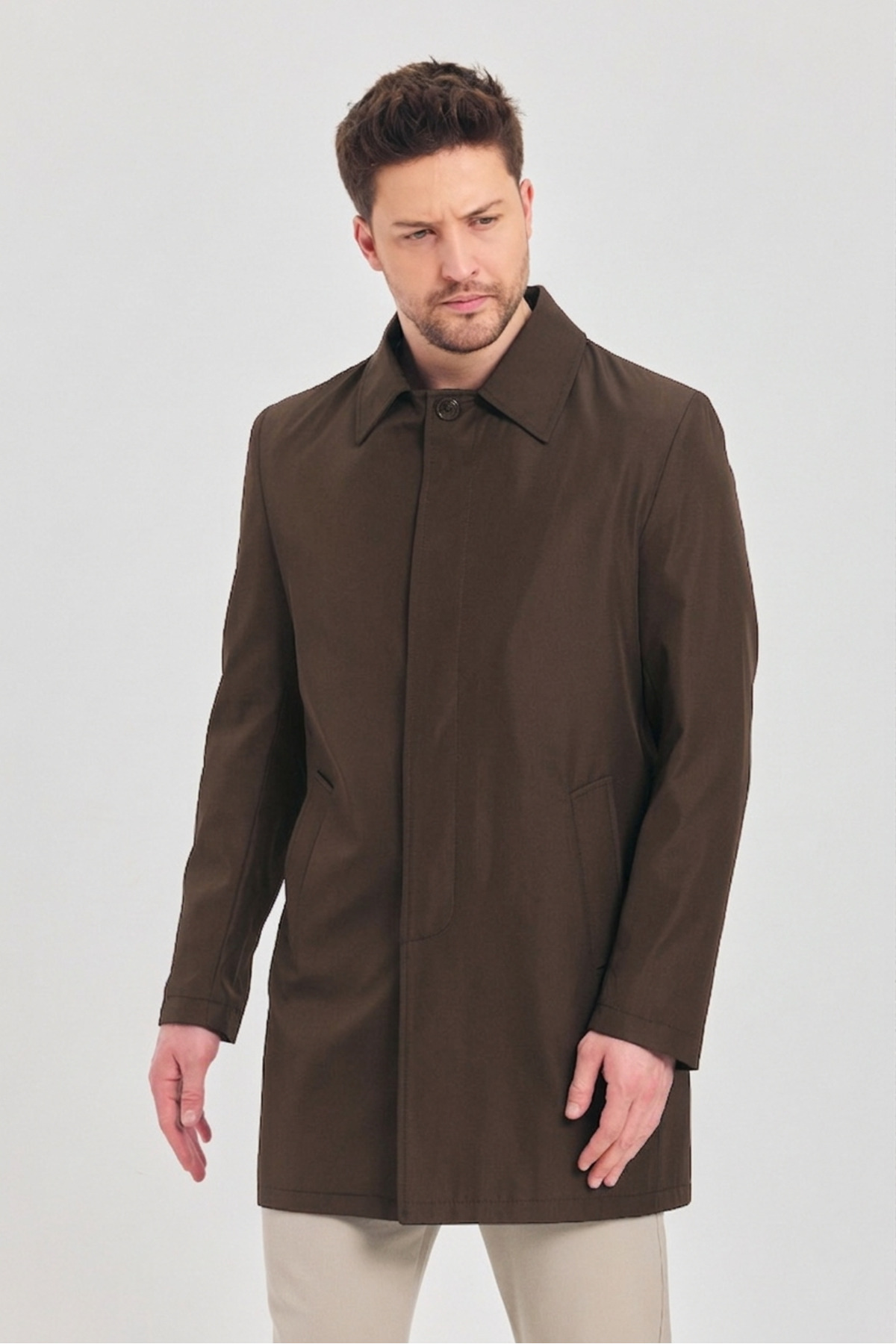TREND KOMBİN  Erkek Kahverengi Klasik Yaka Standart Fit Trençkot - Görsel 5