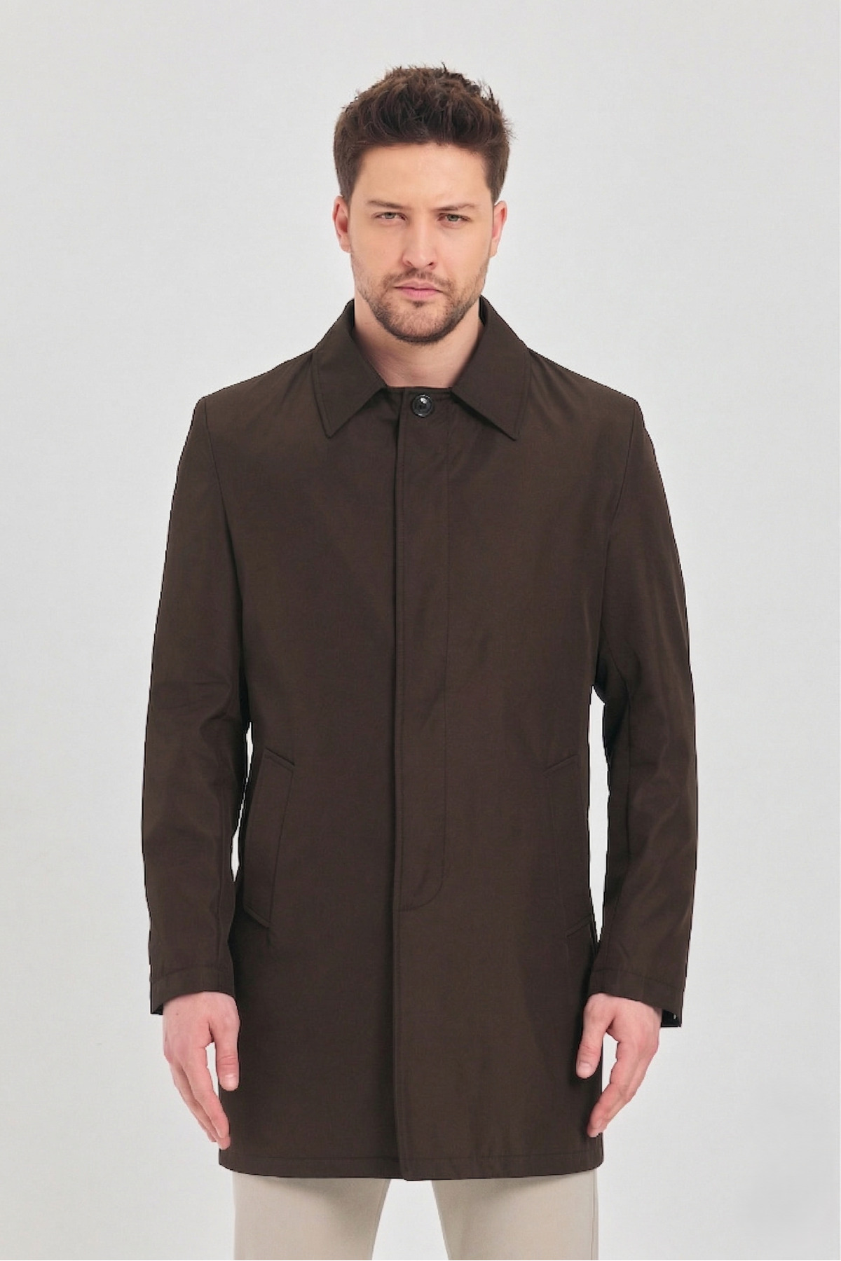 TREND KOMBİN  Erkek Kahverengi Klasik Yaka Standart Fit Trençkot