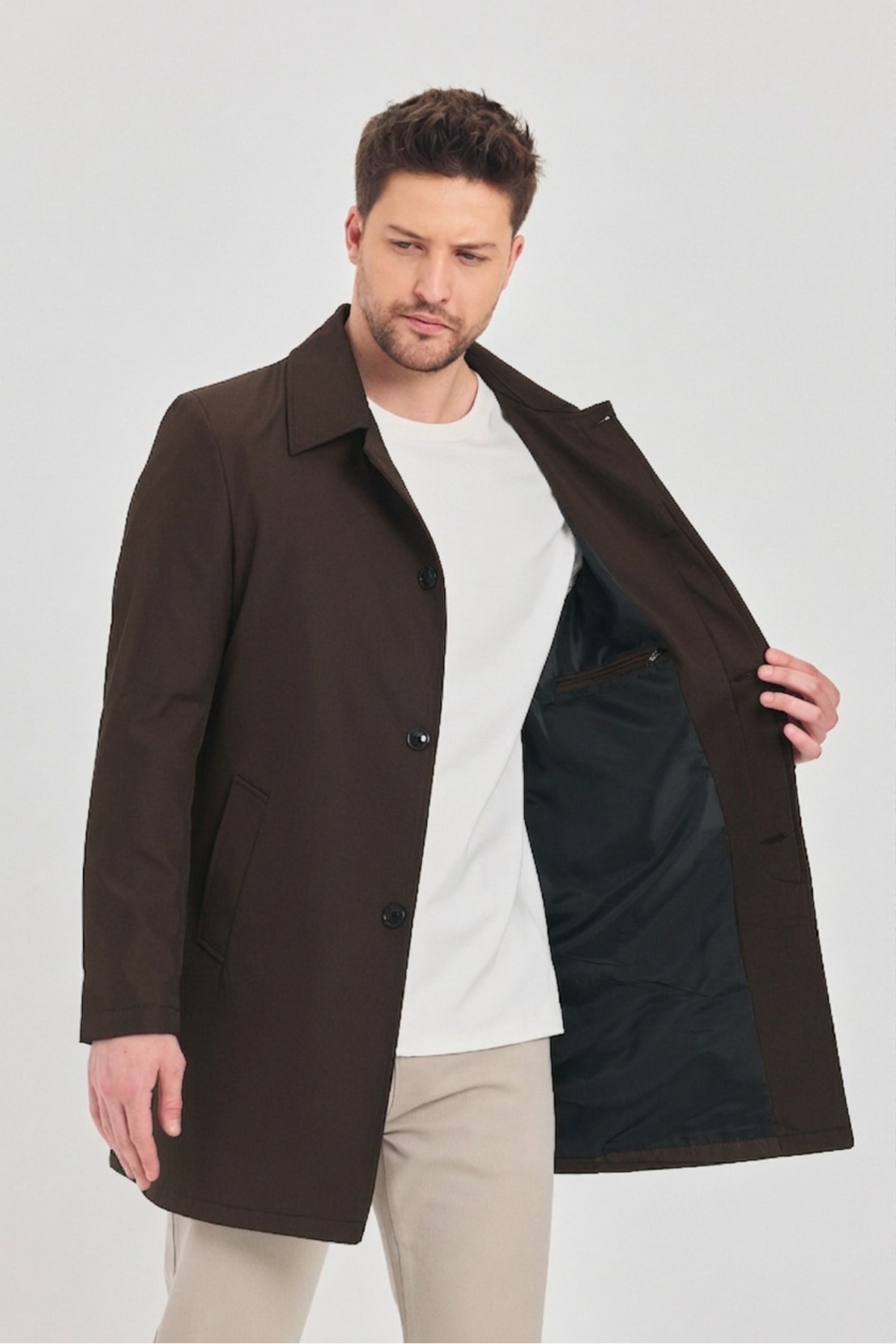 TREND KOMBİN  Erkek Kahverengi Klasik Yaka Standart Fit Trençkot - Görsel 3