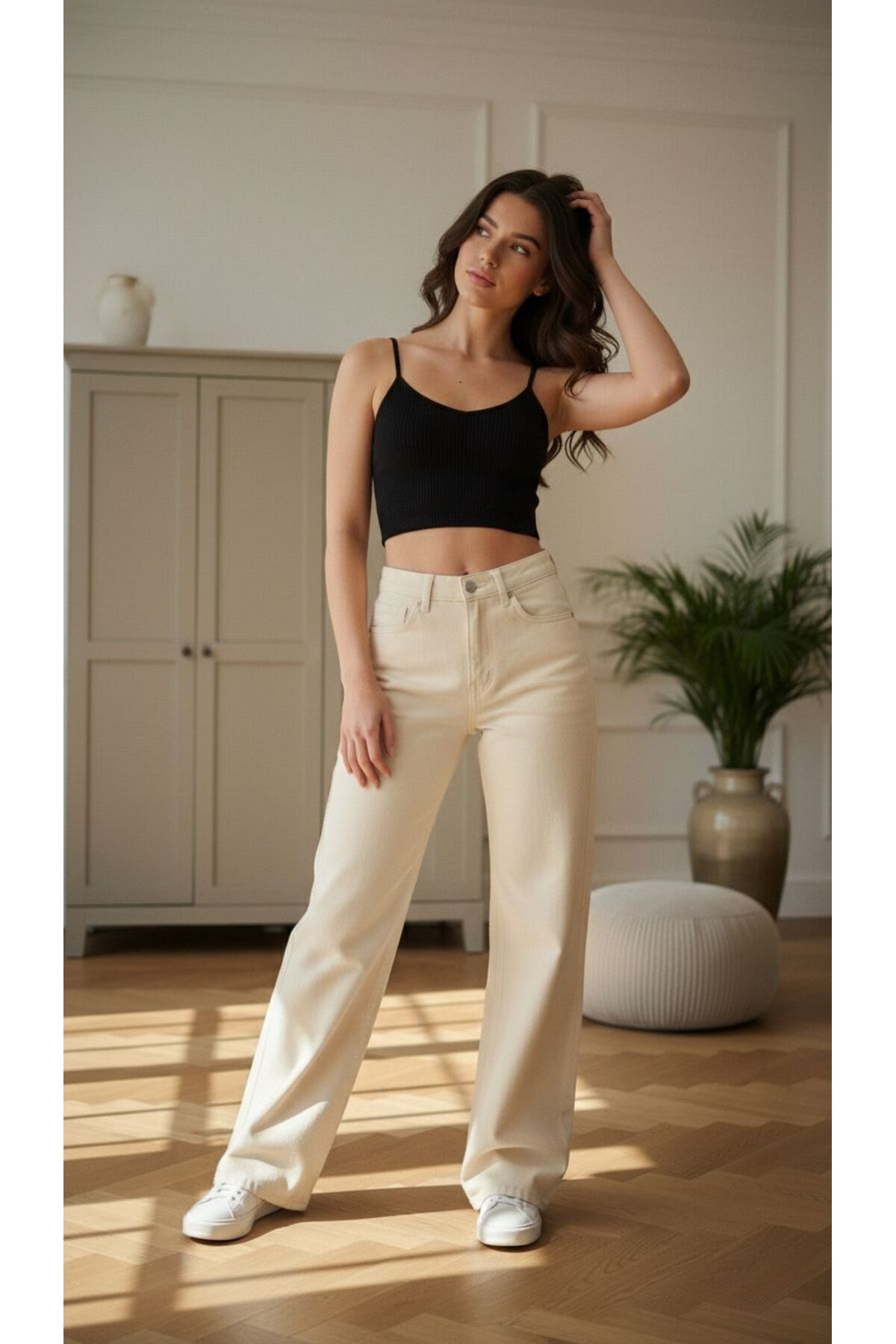comfort jeans Kadın Krem Rengi Likralı Süper Yüksek Bel Salaş Jeans Palazzo Pantolon Wide Leg