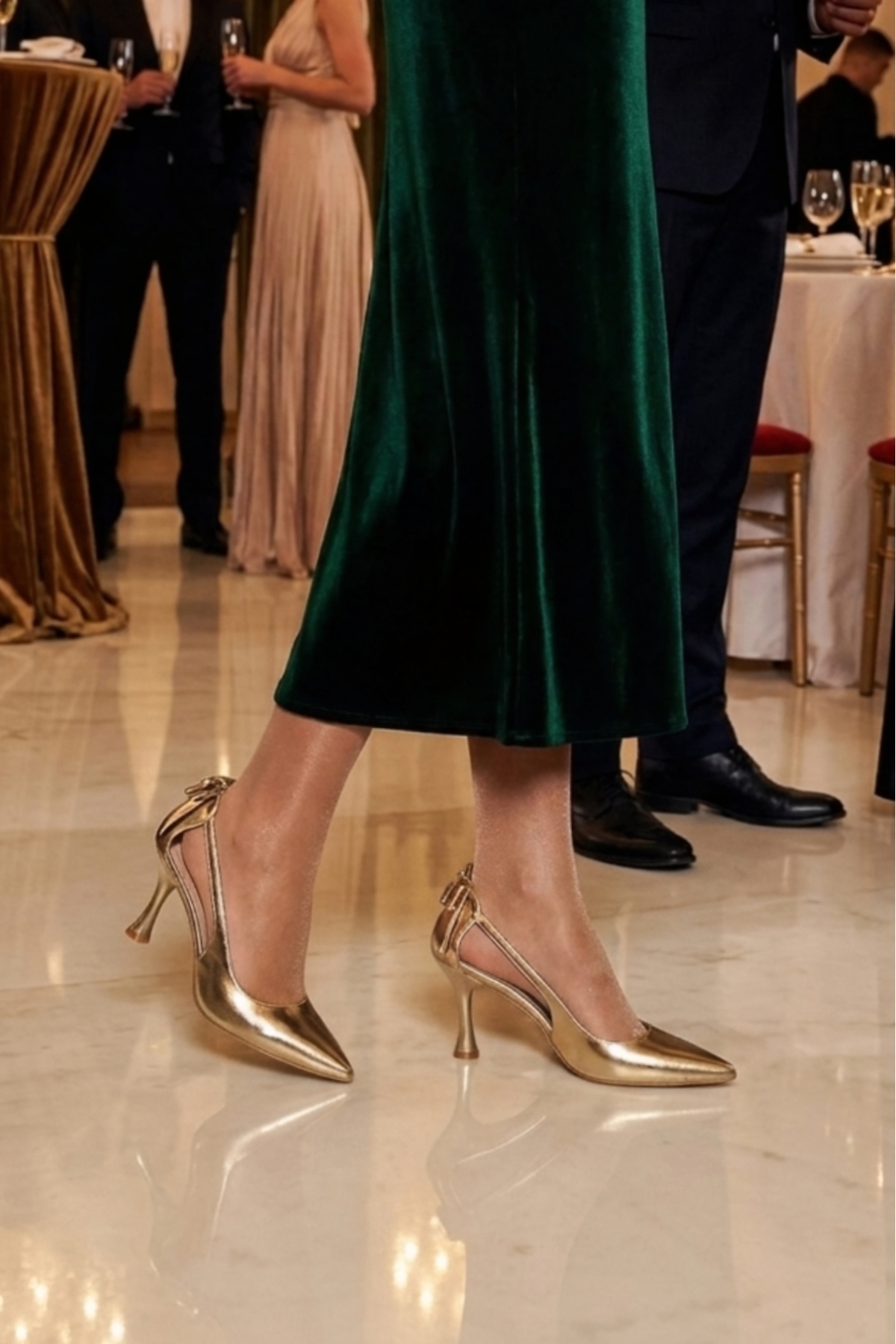 ModaNef  Kadın 7 cm Altın Fiyonklu Abiye Ayakkabı - Görsel 3