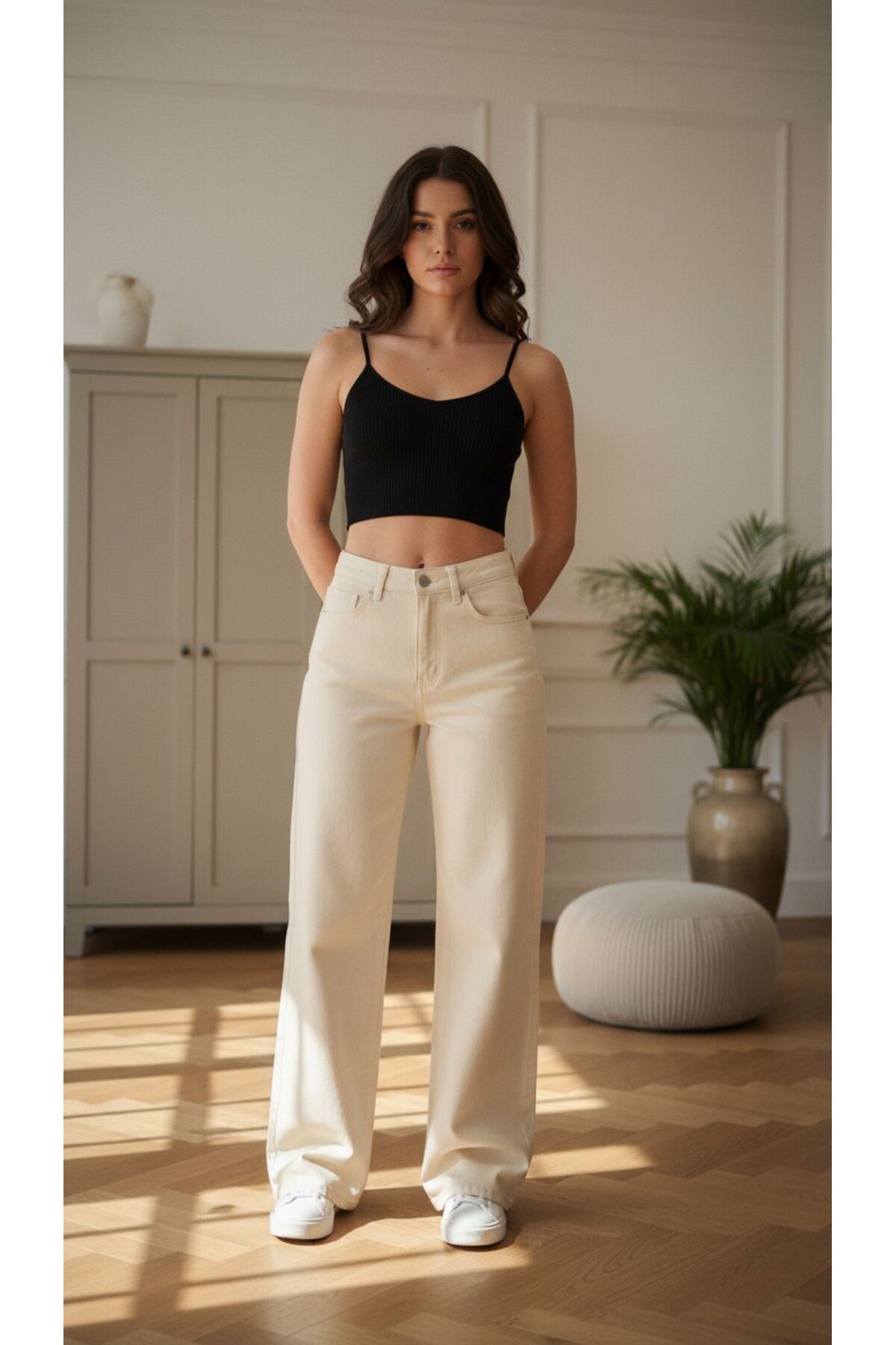 comfort jeans Kadın Krem Rengi Likralı Süper Yüksek Bel Salaş Jeans Palazzo Pantolon Wide Leg görsel 4