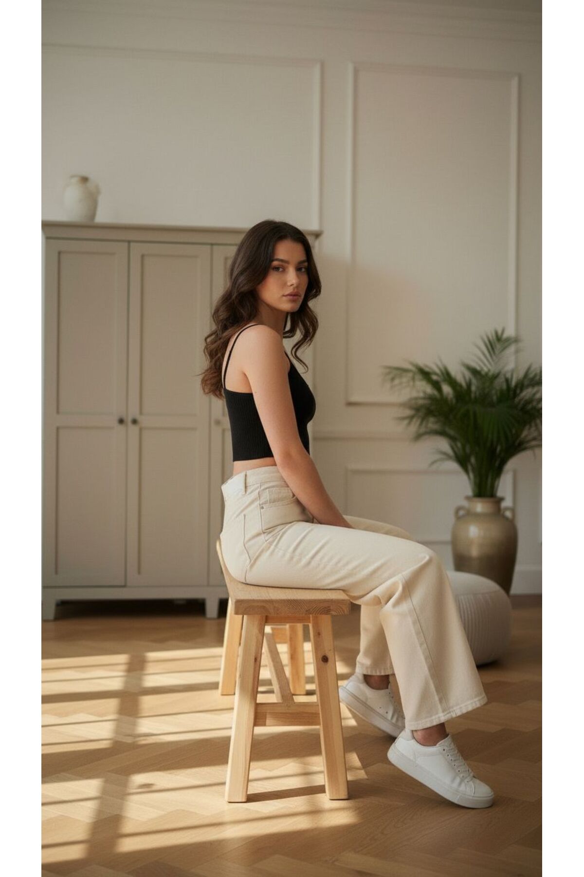 comfort jeans Kadın Krem Rengi Likralı Süper Yüksek Bel Salaş Jeans Palazzo Pantolon Wide Leg görsel 5