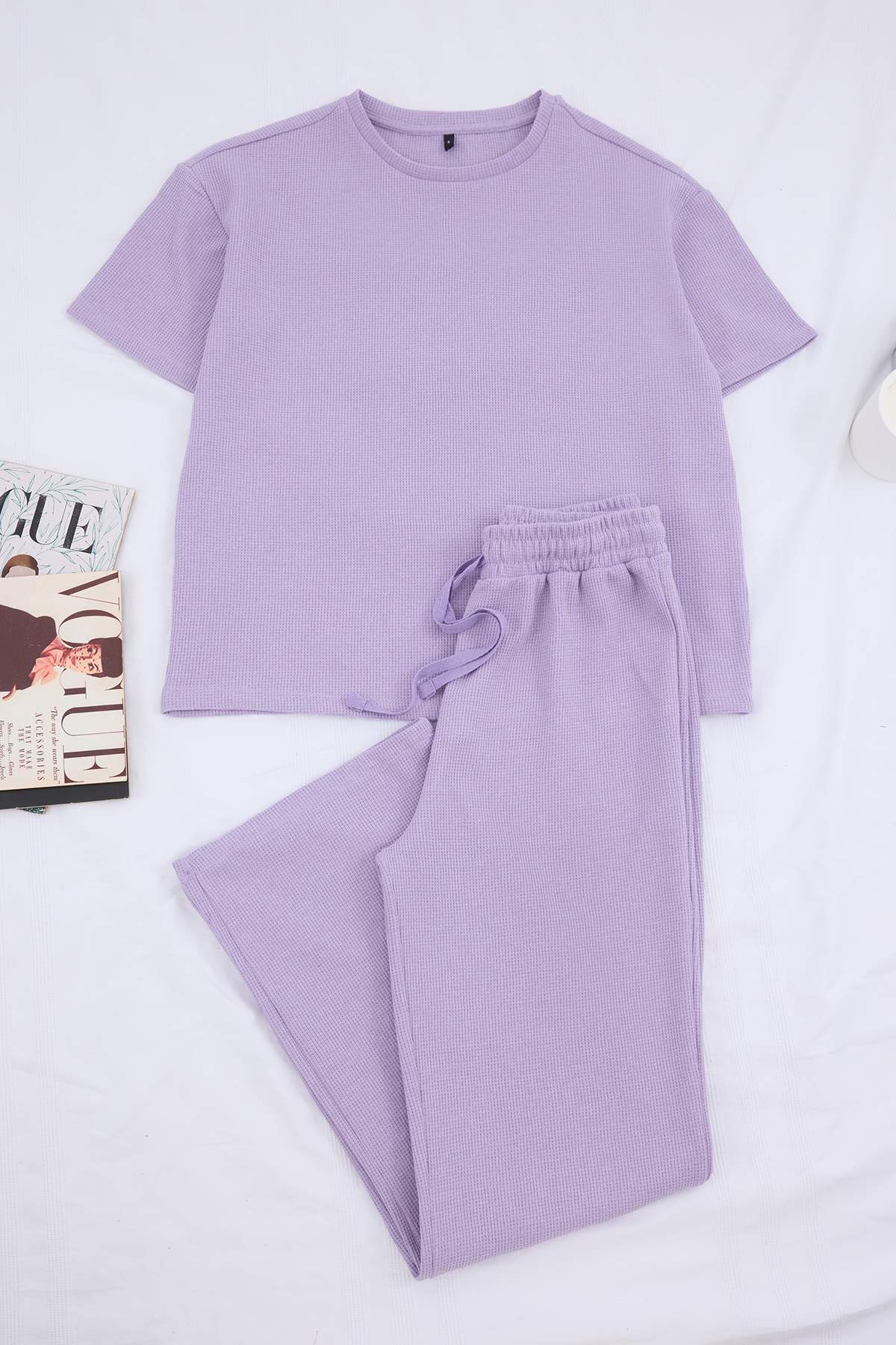 Trendyolmilla  Lila Bel Bağlama Detaylı Waffle Örme Pijama Takımı THMAW26PT00050 - Görsel 5