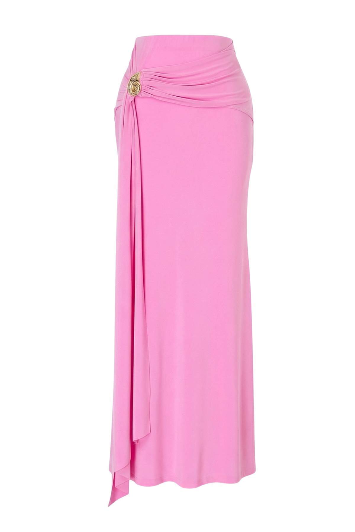 Trendyolmilla  Pembe Düz Aksesuar Detaylı Maxi Örme Sandy Şık/Gece Etek TPRSS25ET00004