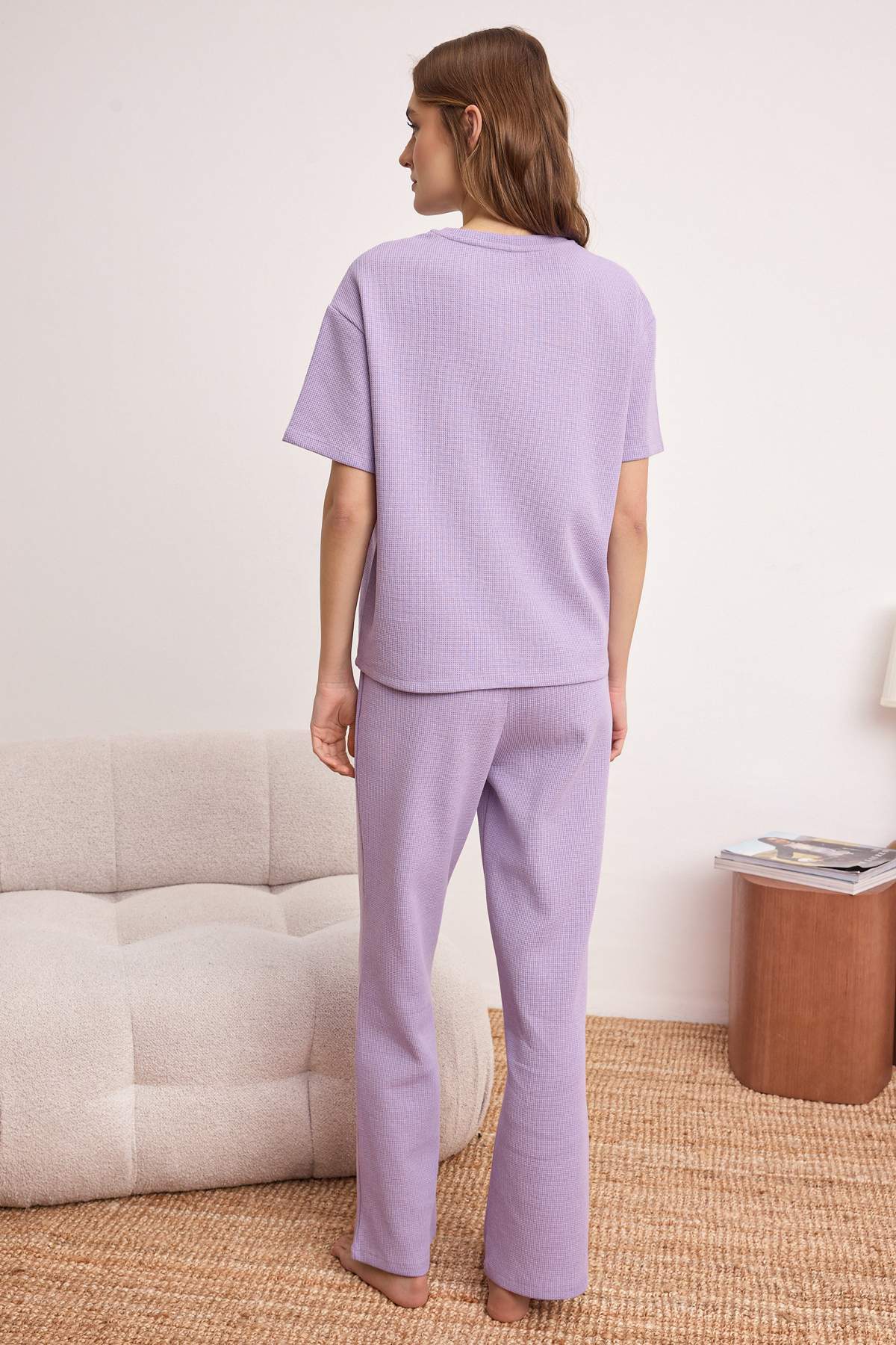 Trendyolmilla  Lila Bel Bağlama Detaylı Waffle Örme Pijama Takımı THMAW26PT00050 - Görsel 4