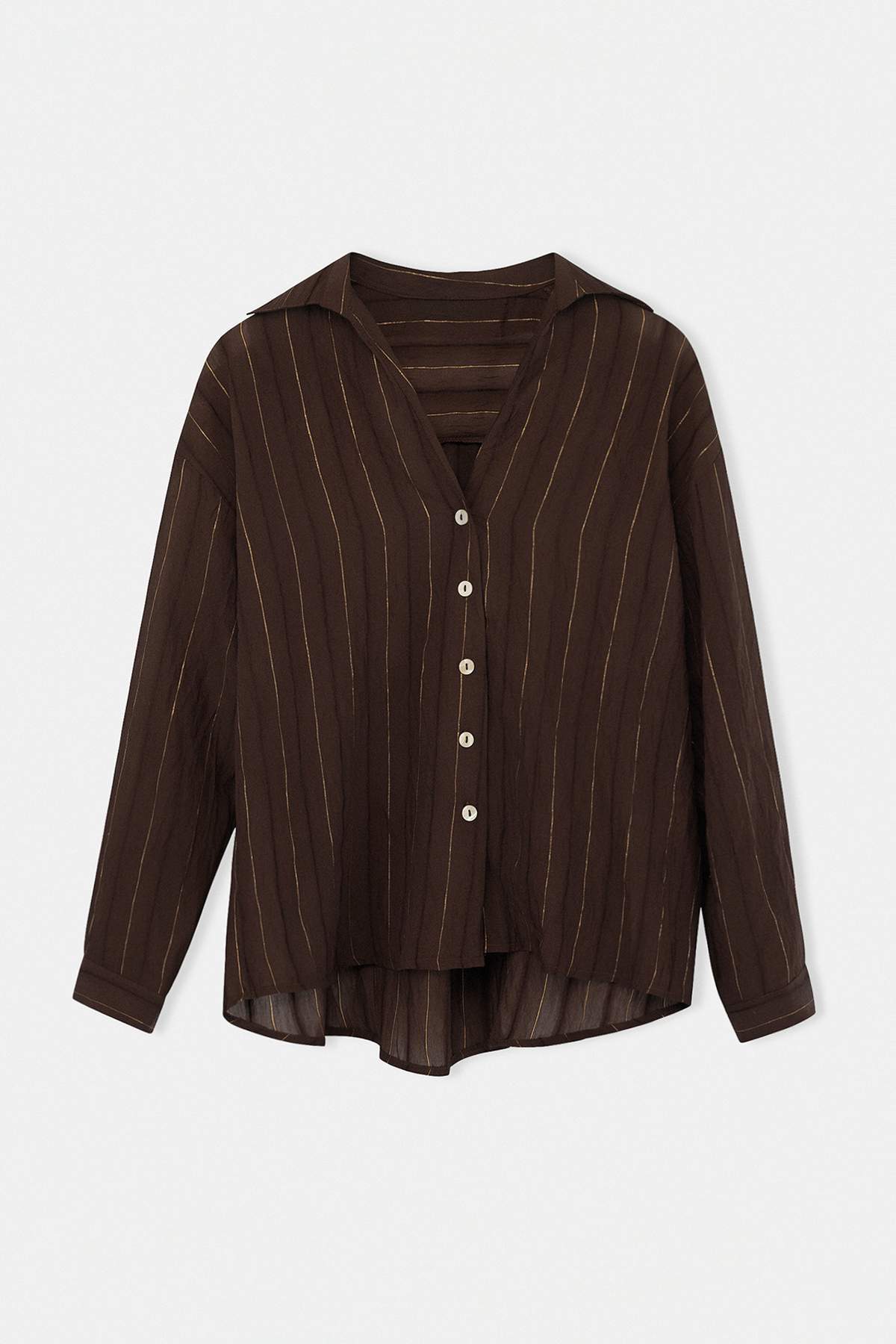 Trendyolmilla  Kahverengi V Yaka Oversize Altın Varak Simli Trans Gömlek TDRSS26GO00046