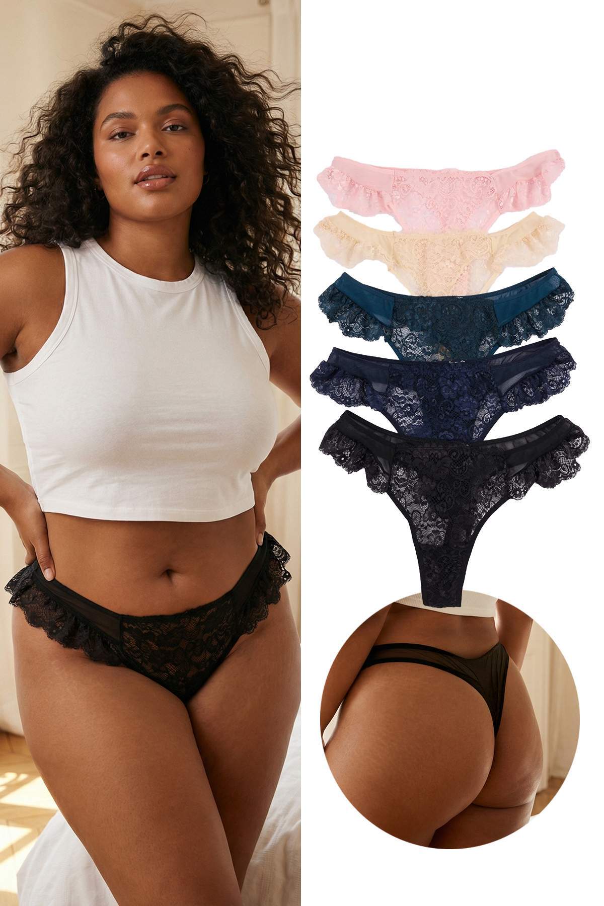 Trendyolmilla Curve Mavi-Çok Renkli 5'li Paket Tül Dantel Detaylı Tanga Örme Büyük Beden Külot TBBSS26CM00011