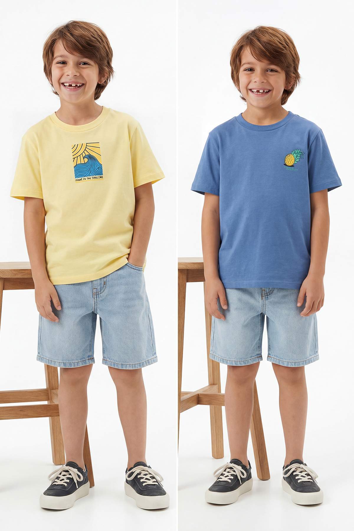 Trendyolmilla Kids Sarı-Indigo 2'li Erkek Çocuk Baskılı Örme T-Shirt TKDSS26TS00050