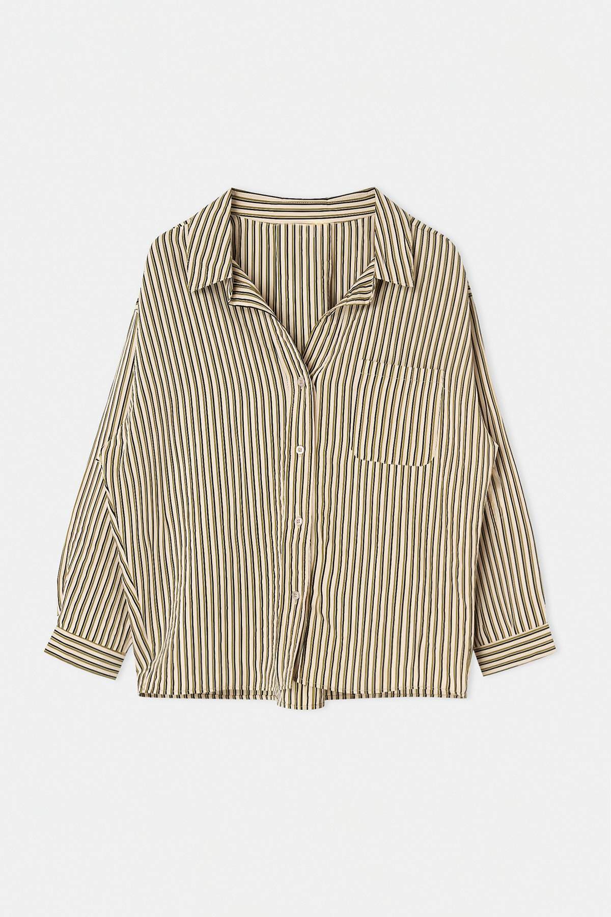 Drop by Trendyolmilla Bej V Yaka Oversize Cepli Çizgili Gömlek TDRSS26GO00056