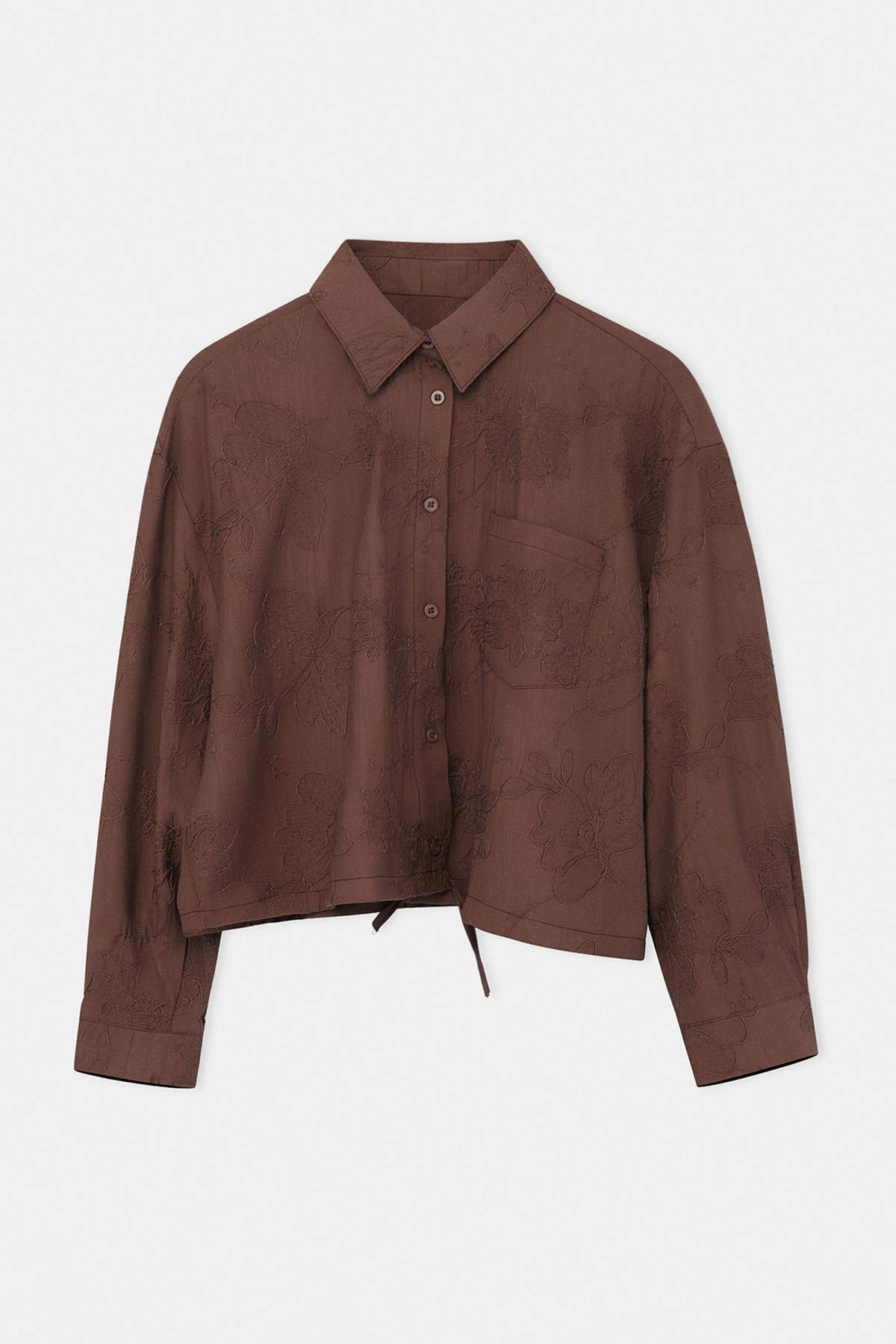 Drop by Trendyolmilla Kahverengi Jakarlı Nakışlı Etek Ucu Bağlamalı Crop Gömlek TDRSS26GO00055