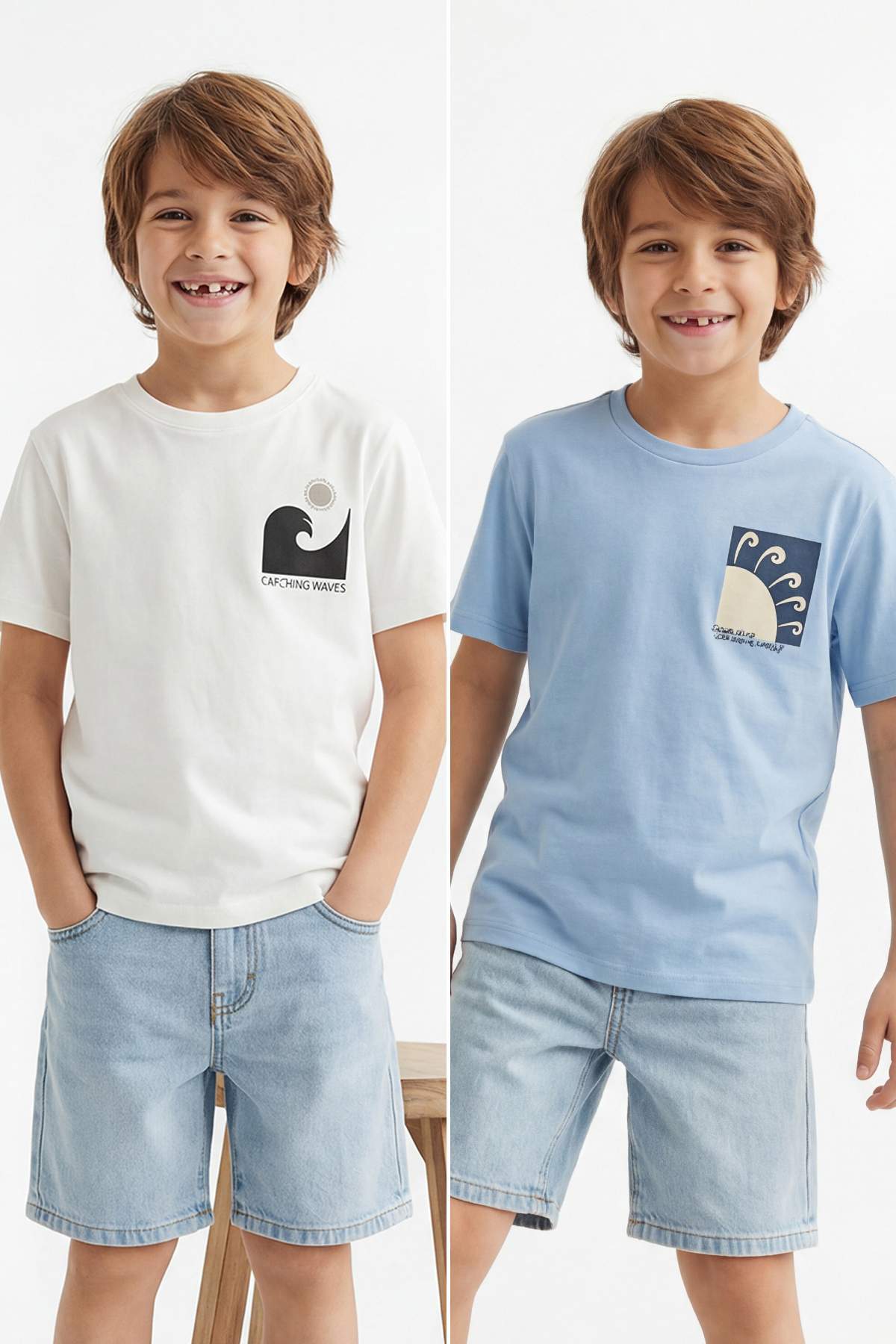 Trendyolmilla Kids Ekru-Mavi Erkek Çocuk Baskılı Örme T-Shirt TKDSS26TS00033