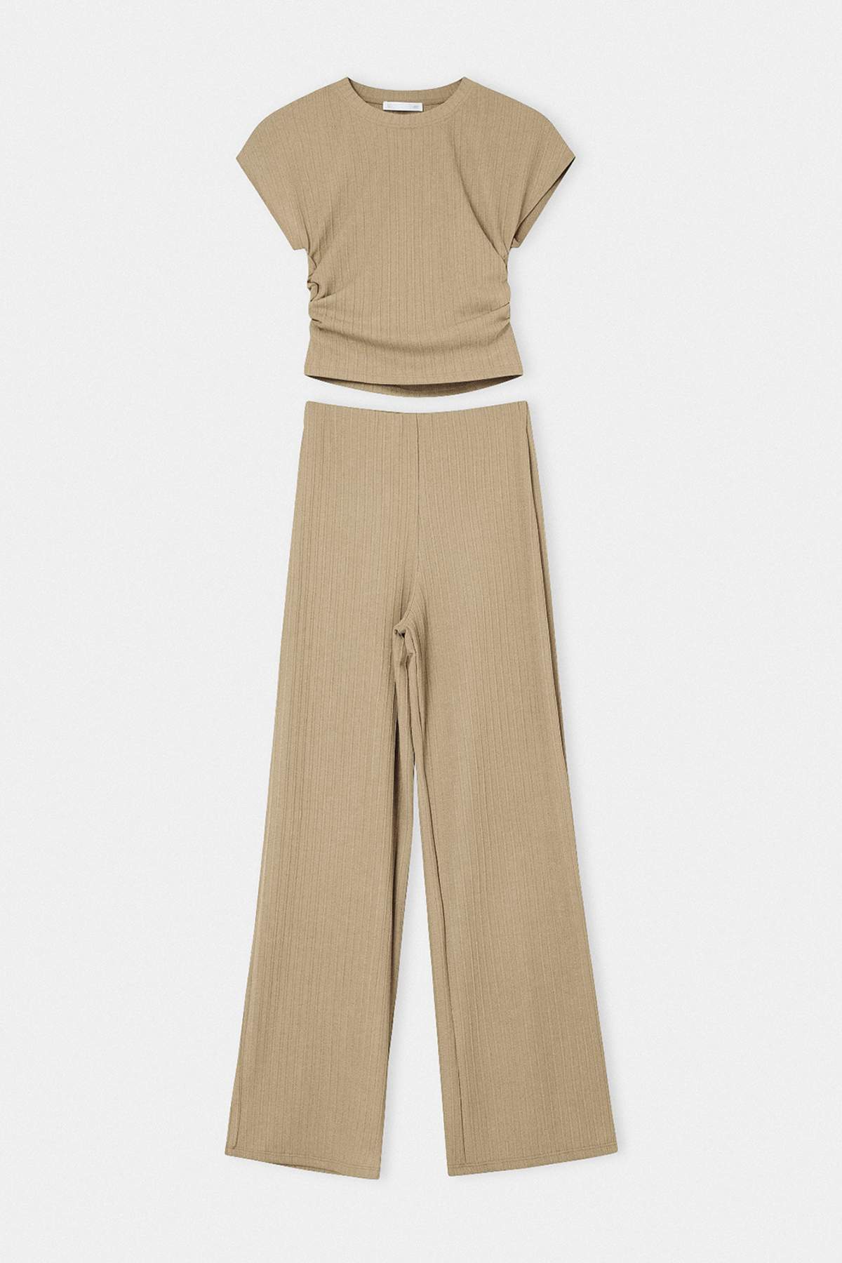 Trendyolmilla  Çağla Yeşili Bisiklet Yaka Yanı Lastikli Crop Üst Geniş Kalıp Pantolonlu Lycralı Takım