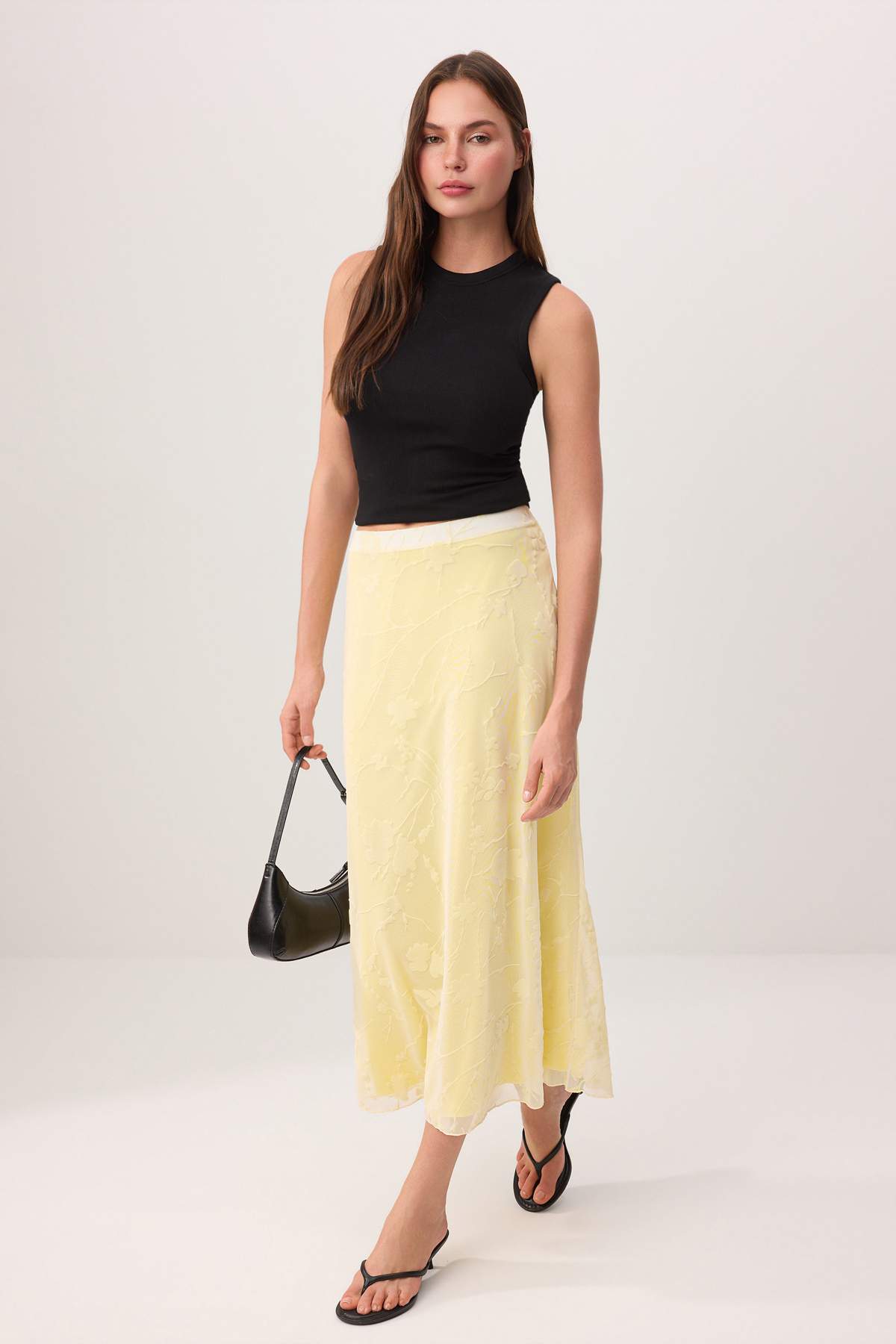 Trendyolmilla  Sarı Flok Baskılı Kalem Maxi/Uzun Tül Esnek Örme Etek TWOAW26ET00146