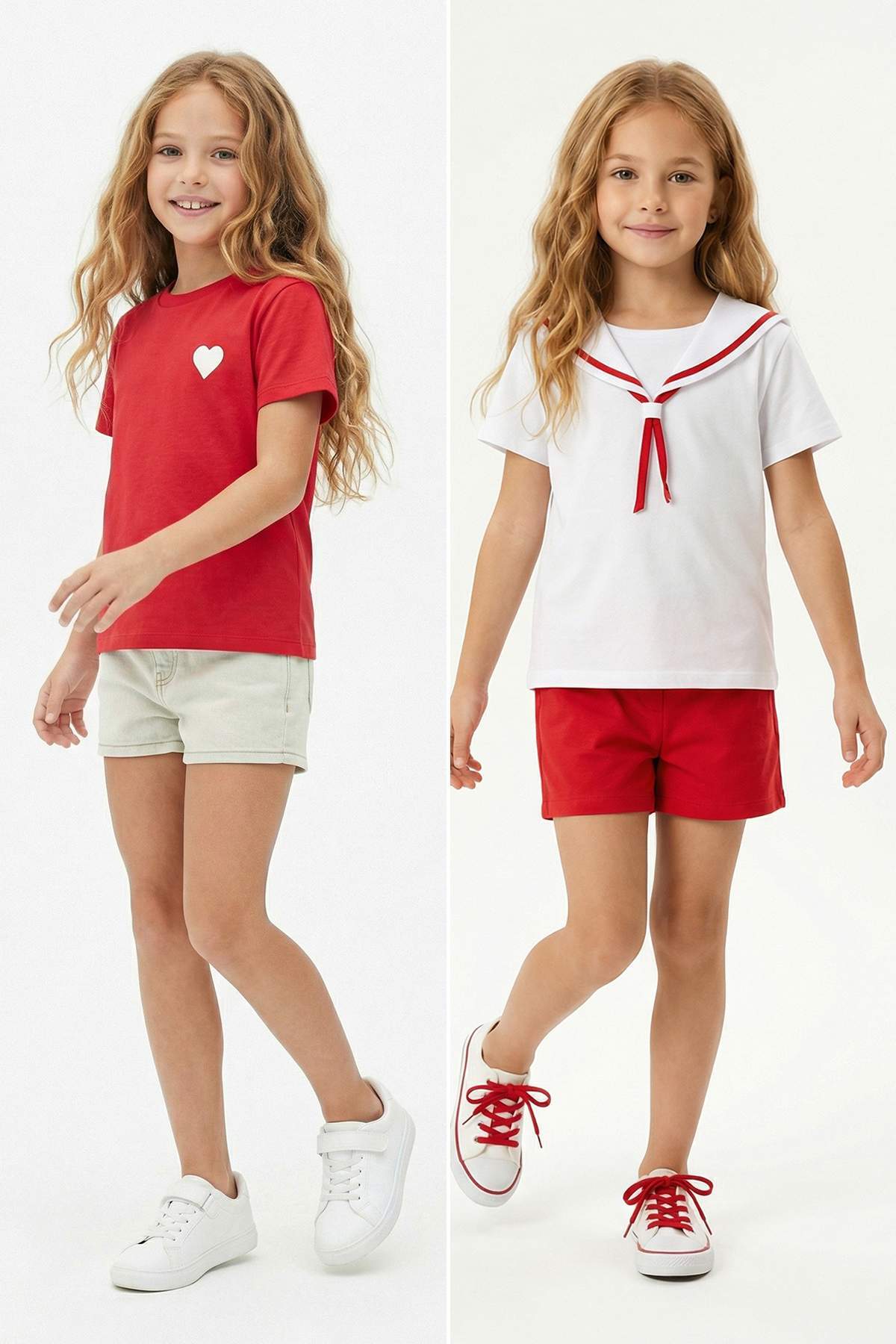 Trendyolmilla Kids Kırmızı-Beyaz 2'li Kız Çocuk Düz 23 Nisan Örme T-Shirt TKDSS26TS00028