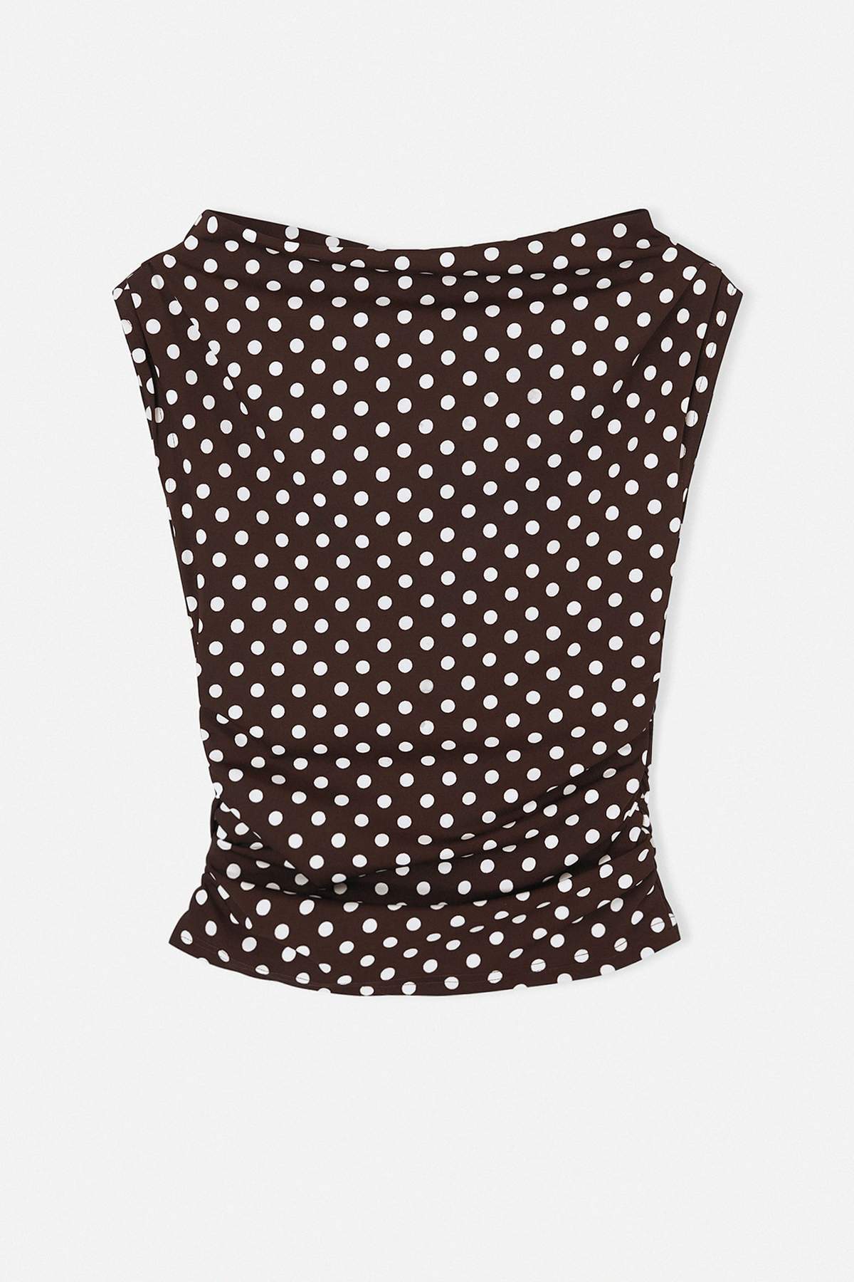 Trendyolmilla  Kahverengi Puantiyeli Degaje Yaka Yanı Lastikli Bluz TDRSS26BZ00041