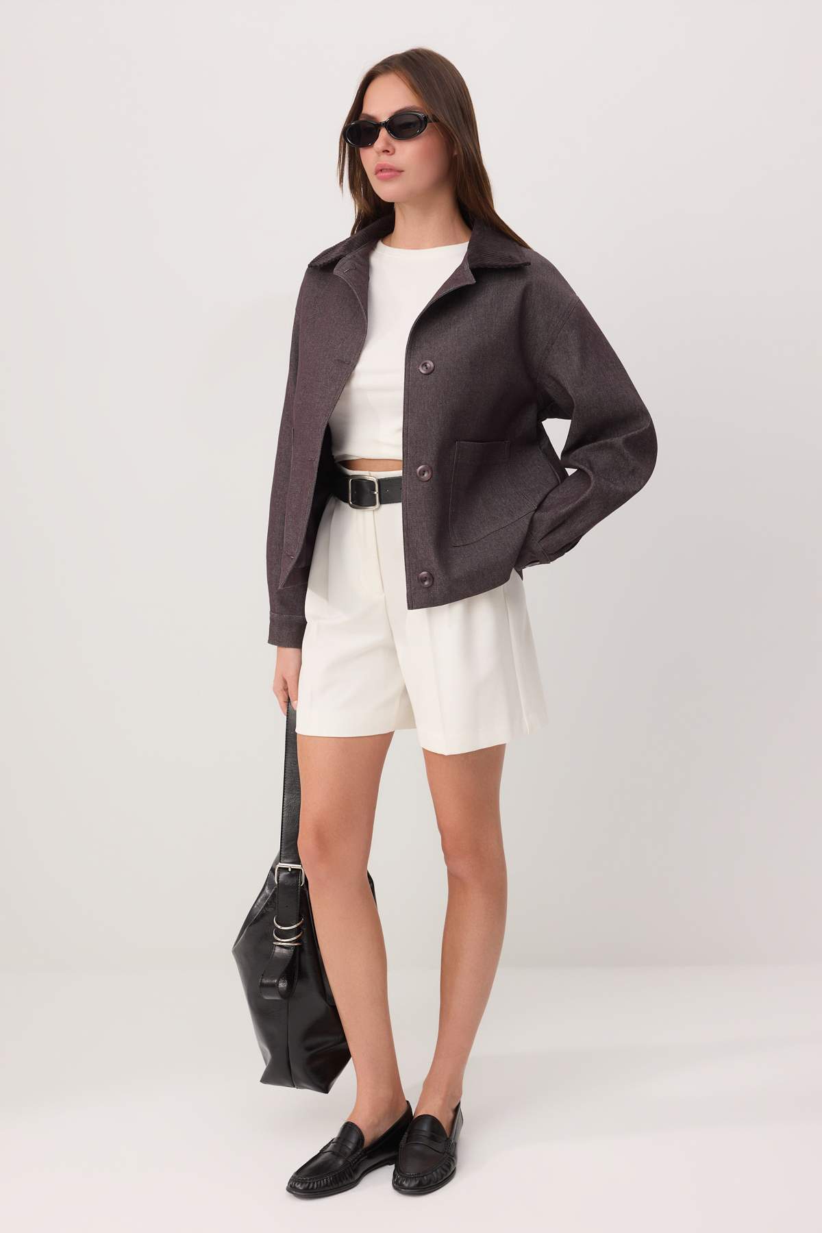 Trendyolmilla Kahverengi Kadife Yaka Detaylı Gabardin Mevsimlik Ceket TWOSS26CE00055