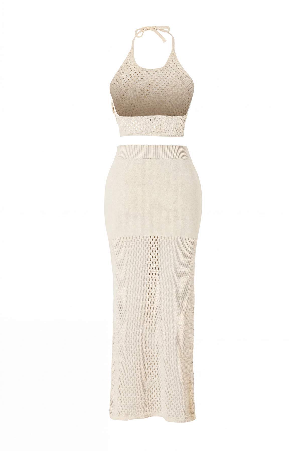 Trendyolmilla  Ekru Triko Ajurlu Halter Yaka Plaj Bluz Etek Takım TBESS26AU00020 - Görsel 5