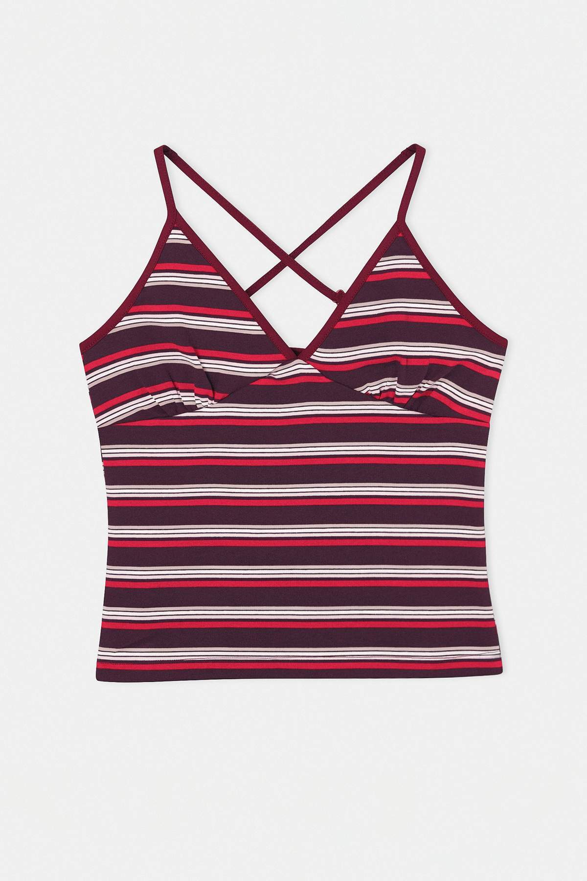 Trendyolmilla  Bordo Çizgili Fitted/Vücuda Oturan V Yaka İnce Askılı Kolsuz Pamuk Ribana Örme Bluz TWOSS26BZ00383