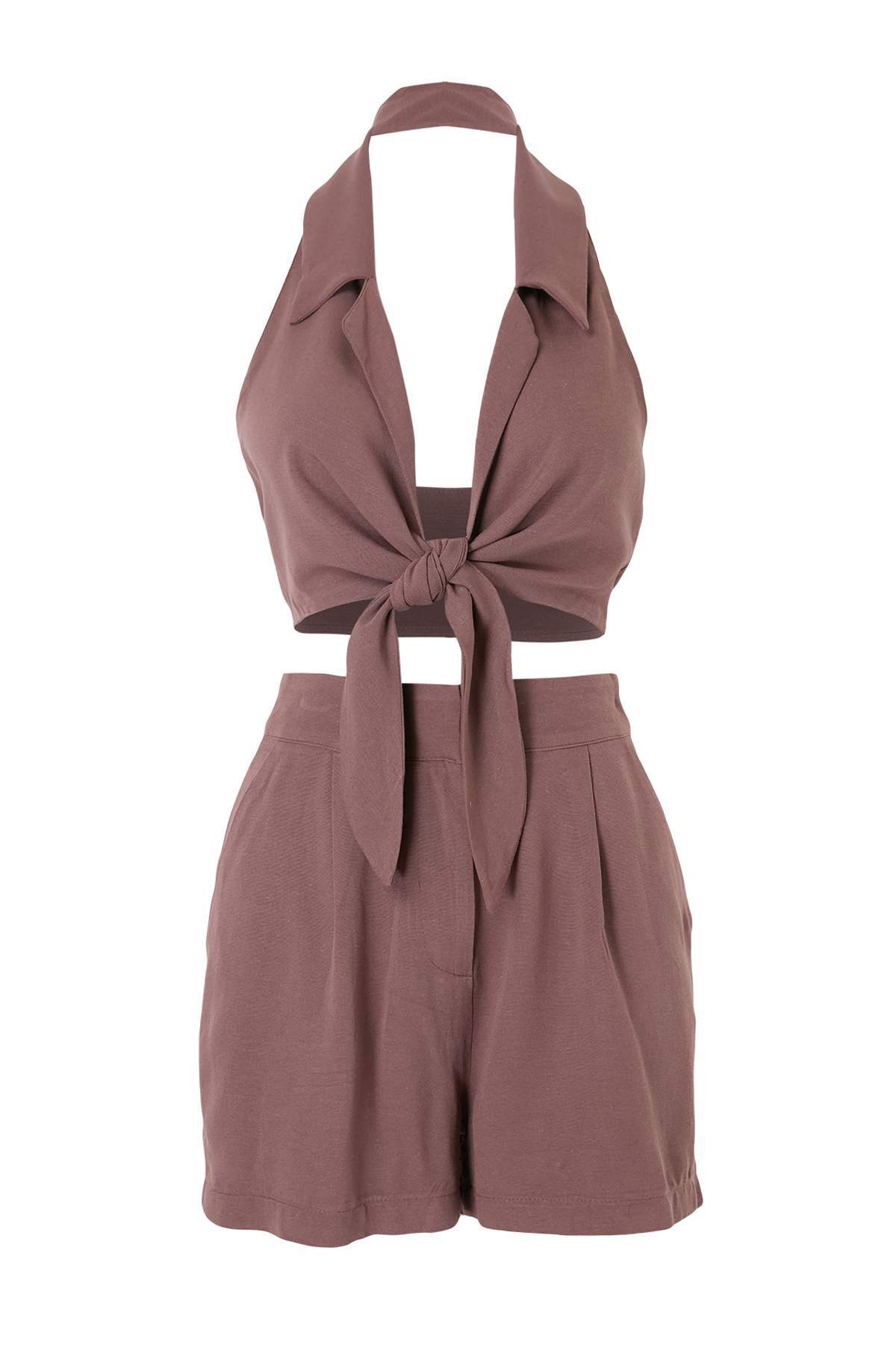 Trendyolmilla  Koyu Kahverengi Dokuma Bağlama Detaylı Plaj Mini Yüksek Bel Bluz-Şort Takım TBESS21AU0298 - Görsel 5