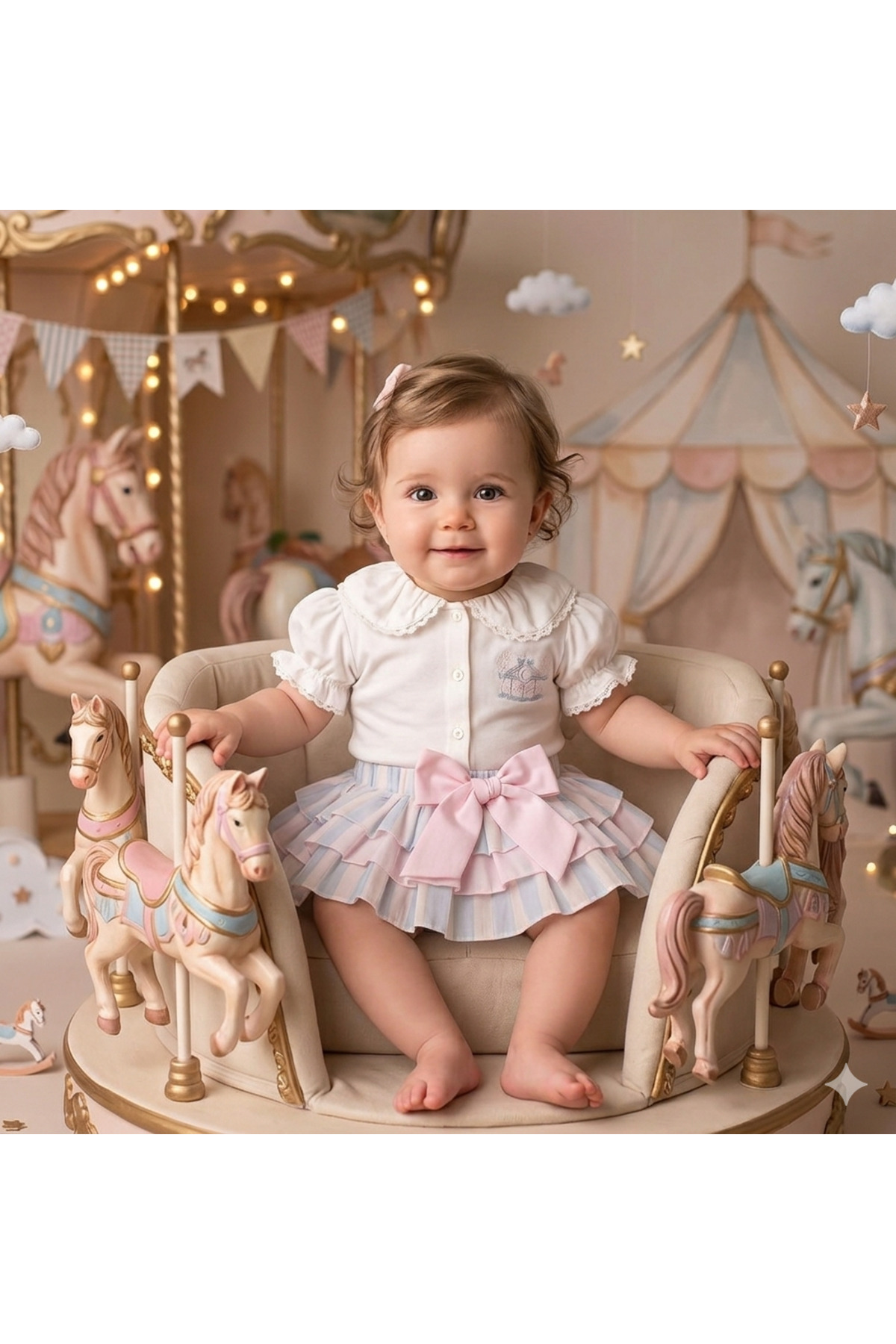 LisaLoom Baby Girl Carousel Embroidered and Ruffled Skirt Set - 2-Piece Cotton Holiday and Special Occasion Set