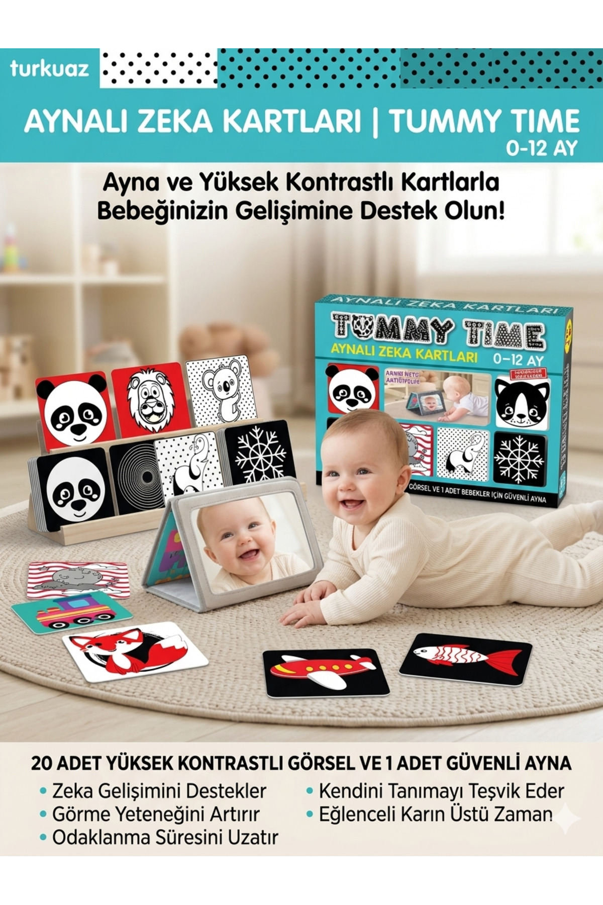 The Monarch Co Tummy Time Aynalı Bebek Zeka Kartları (0-12 Ay) - Yüksek Kontrastlı Yenidoğan Gelişim Seti fotoğrafı 3 (önizleme)