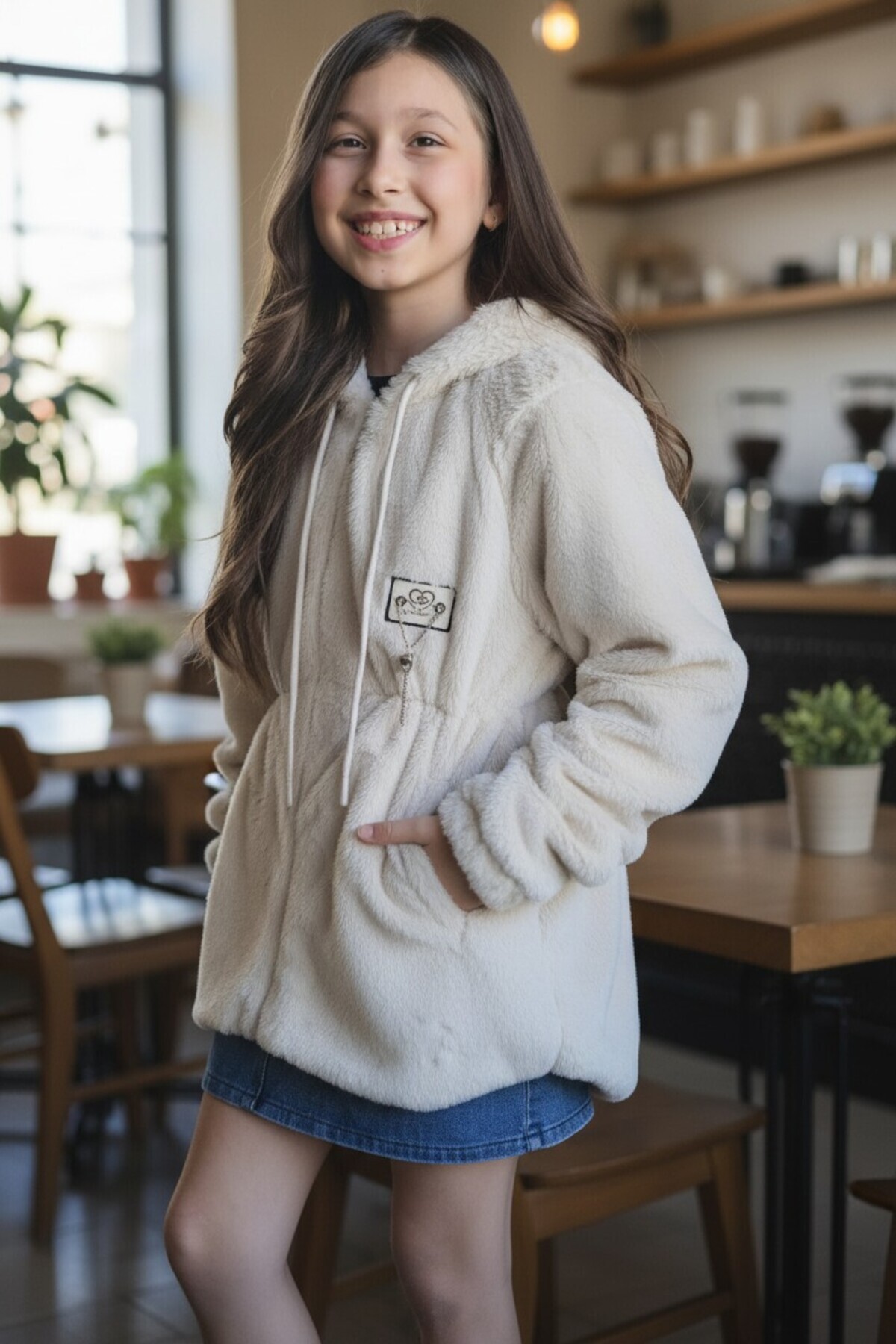 QUB CLUB Kız Çocuk İçi Astarlı Bej Peluş Ceket Mont Kaban 1 Beden Büyük Tercih Edebilirsiniz fotoğrafı 2 (önizleme)