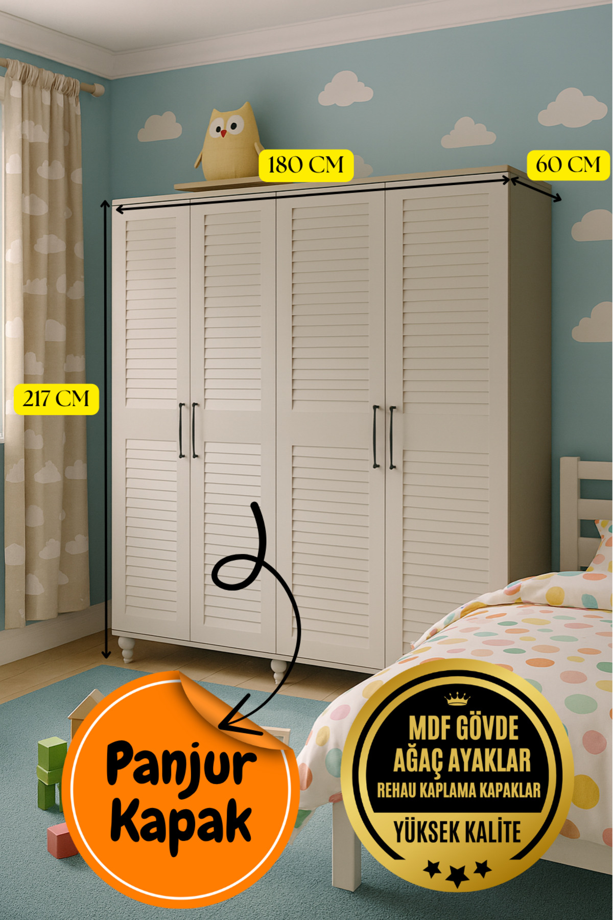 arionkids Pera 4 Kapaklı Çekmeceli Dolap | %100 MDF | REHAU Kapaklı | Çekmeceli | Ağaç Ayaklı | Panjur Kapaklı fotoğrafı 4 (önizleme)