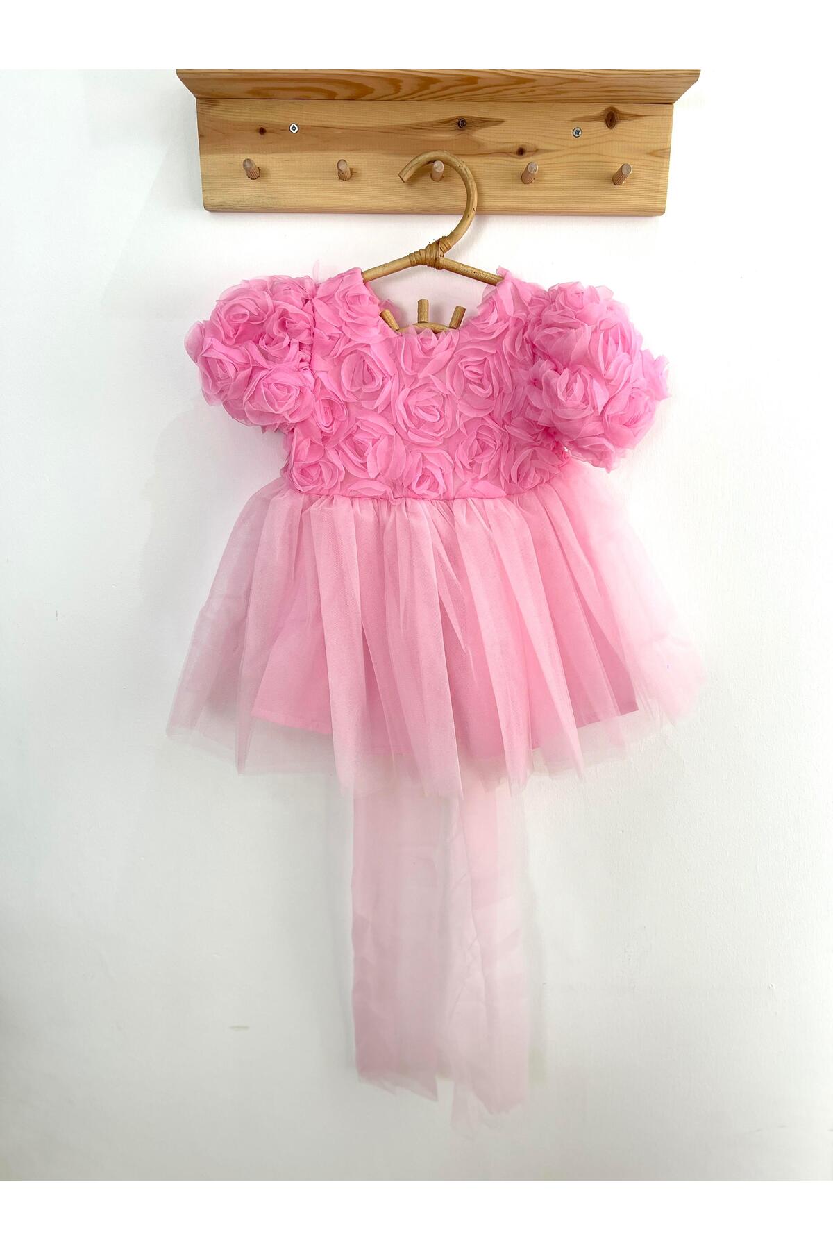 2kids2mom Kız Bebek Pembe Elbise Kısa Kollu Fiyonklu Doğum Günü Parti Düğün Özel Gün Tüllü Astarlı Prenses Par fotoğrafı 2 (önizleme)