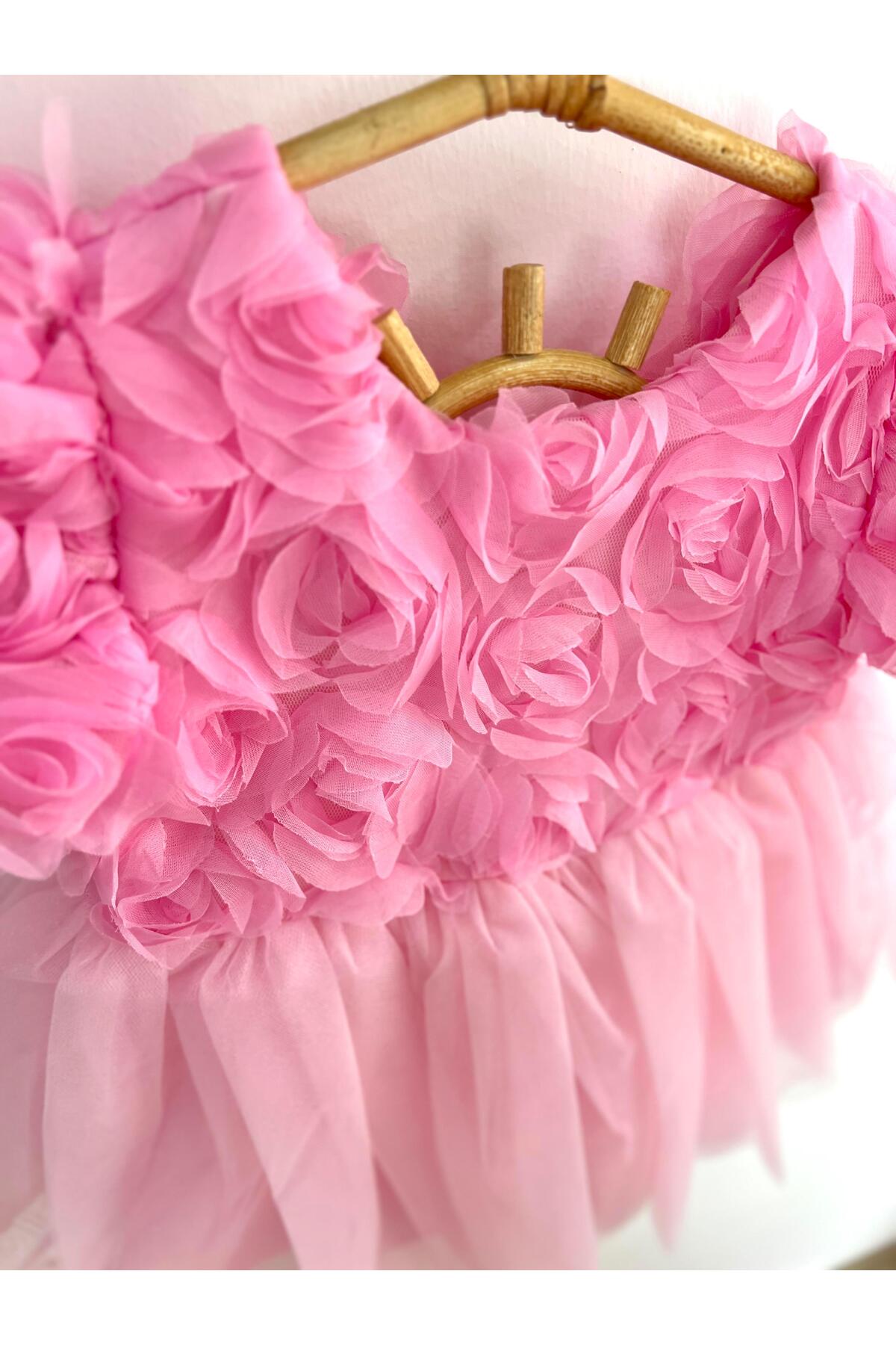 2kids2mom Kız Bebek Pembe Elbise Kısa Kollu Fiyonklu Doğum Günü Parti Düğün Özel Gün Tüllü Astarlı Prenses Par fotoğrafı 3 (önizleme)