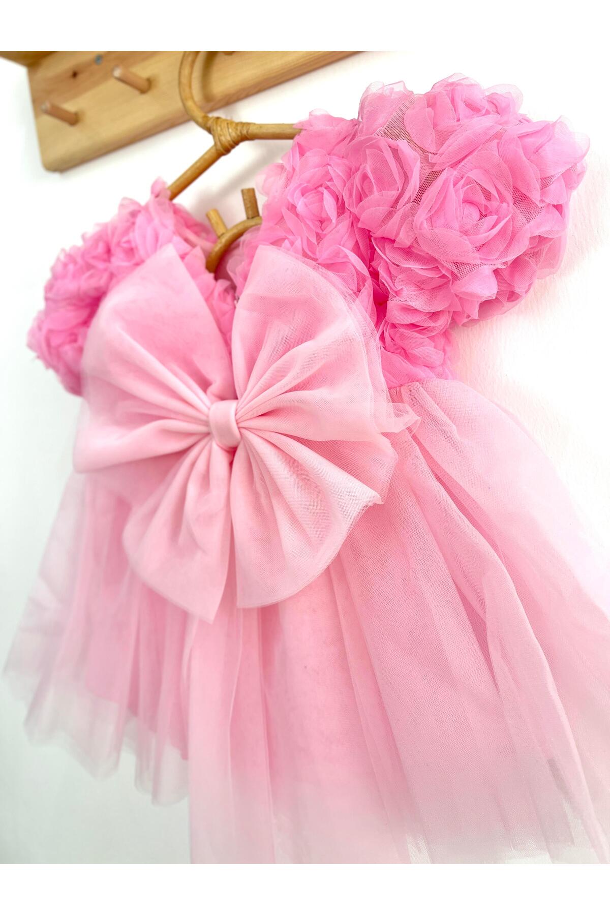 2kids2mom Kız Bebek Pembe Elbise Kısa Kollu Fiyonklu Doğum Günü Parti Düğün Özel Gün Tüllü Astarlı Prenses Par fotoğrafı 5 (önizleme)