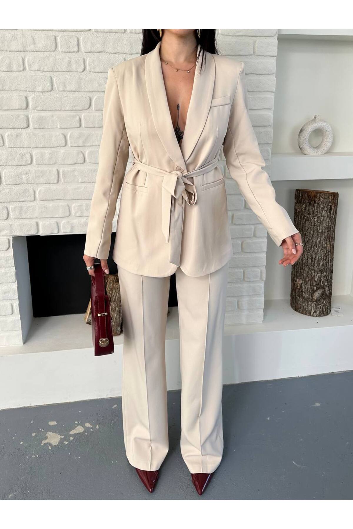 Damen Blazer-Hose-Set mit Gürtel, Steinfarben - Görsel 7