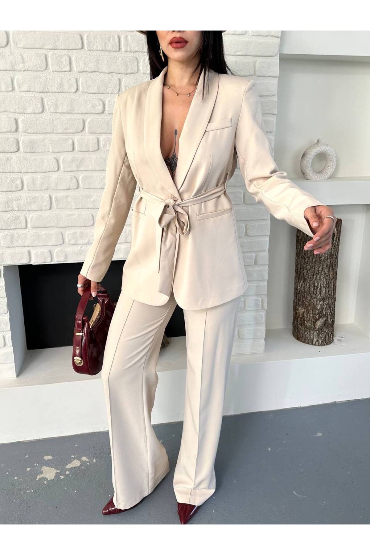 Damen Blazer-Hose-Set mit Gürtel, Steinfarben - Görsel 8