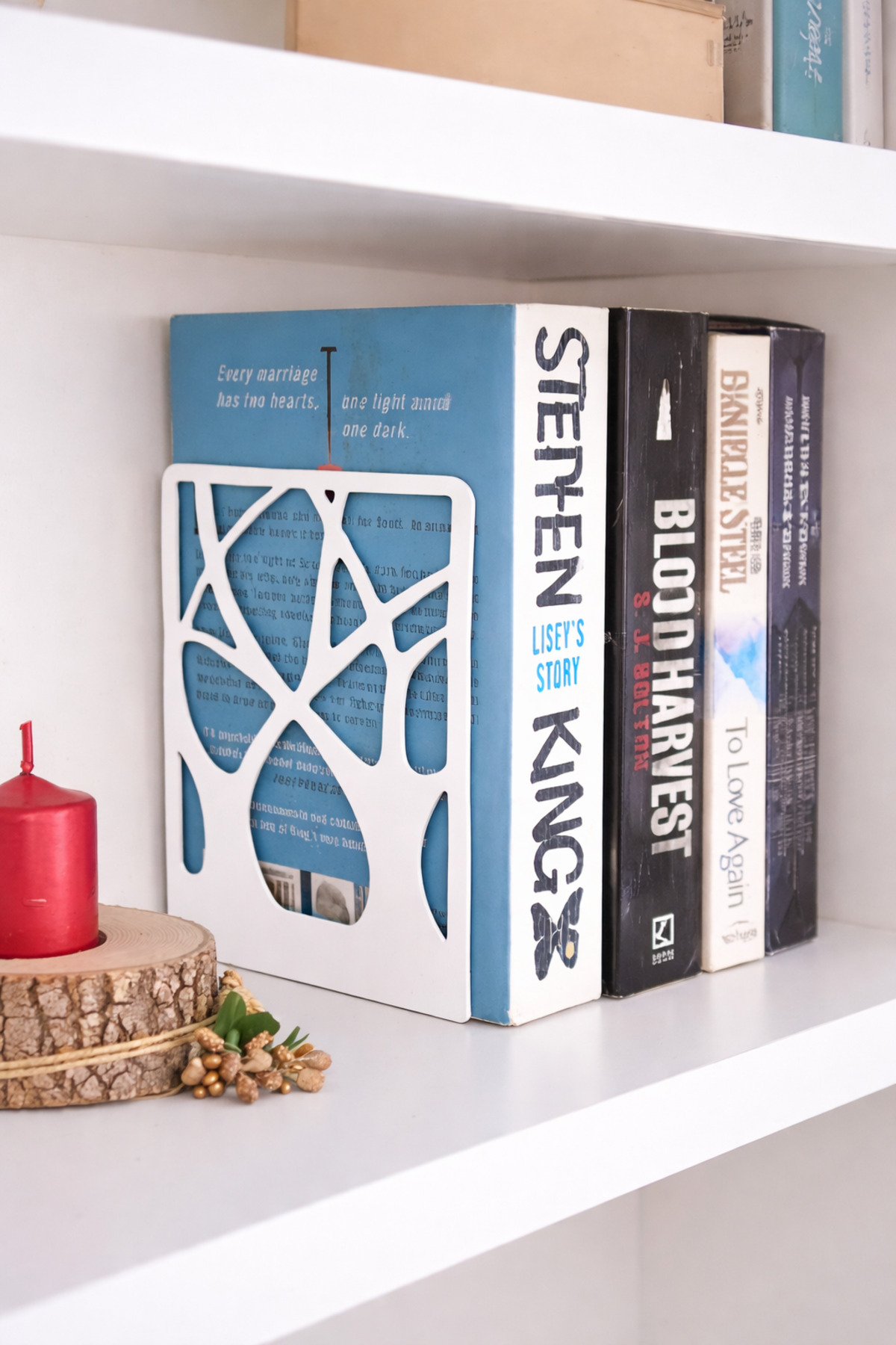 2 Pieces 🌲 WHITE 🌲 Tree Pattern White Metal Book Holder, Metal Book Support Bookcase Arrangement