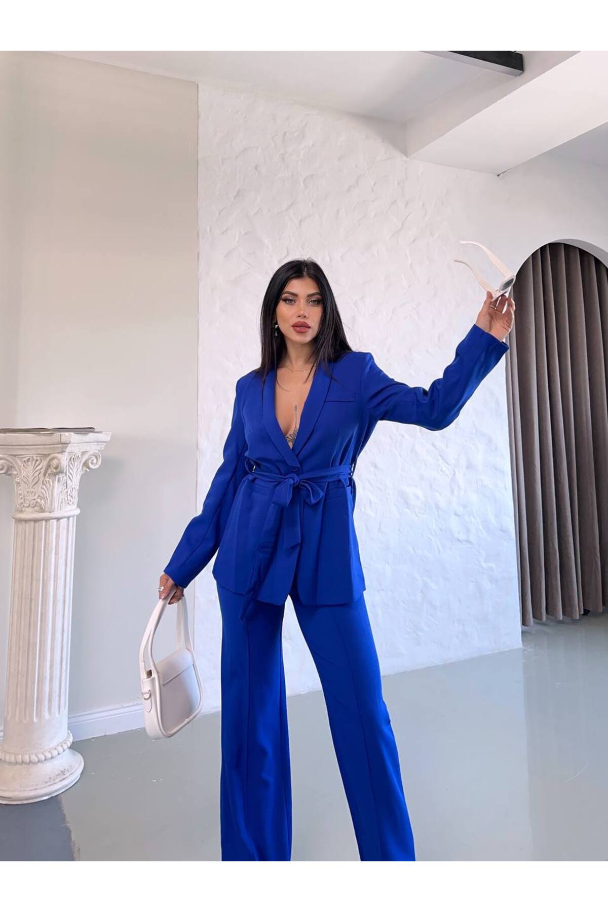 Ensemble Blazer et Pantalon Ceinturé pour Femme Bleu Clair - Görsel 10