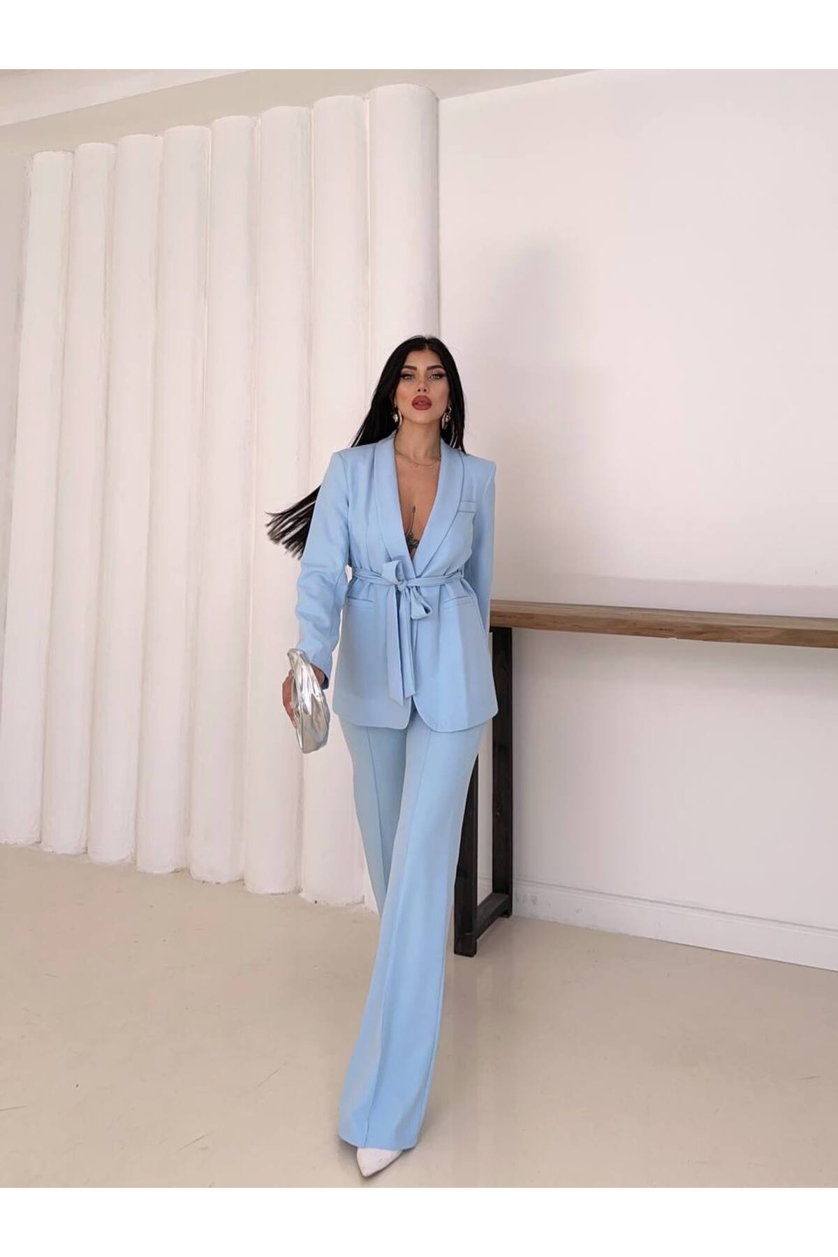 Ensemble Blazer et Pantalon Ceinturé pour Femme Bleu Clair - Görsel 3